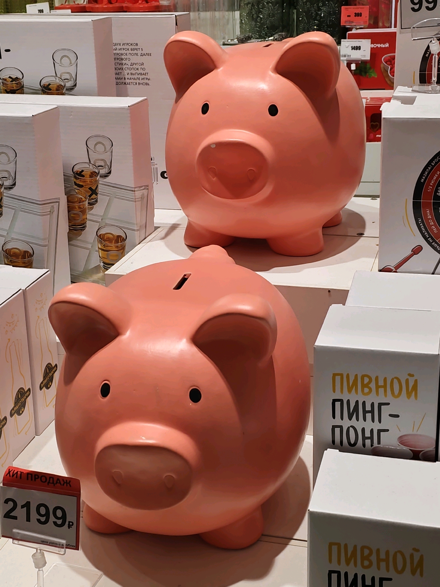 Two large, pink, ceramic piggy banks are displayed on a white shelf in a retail setting. The piggy bank in the foreground is larger and positioned to the left, with its snout facing the camera. It has black dot eyes and a slot on its back. A red and white price tag, featuring the text "ХИТ ПРОДАЖ" (hit product) and "2199P", is clipped to the shelf in front of this piggy bank. The second piggy bank is positioned behind and to the right of the first, slightly out of focus. It is also pink and appears to be the same design.
In the background, white boxes are stacked. Some of these boxes have images of glasses filled with amber liquid. To the right of the piggy banks, another white box with black and yellow text reading "ПИВНОЙ ПИНГ-ПОНГ" (Beer Ping-Pong) is visible. The overall environment suggests a store or market display. The image is taken from a slightly elevated perspective, looking down on the piggy banks. The lighting is bright, creating reflections on the ceramic surfaces of the piggy banks. No people are visible in the image.
Based on the Cyrillic text on the price tag ("2199P" and "РУБЛИ"), the location is Russia. The text on the "ПИВНОЙ ПИНГ-ПОНГ" box is also in Russian. Without further information, it is impossible to definitively pinpoint the exact location within Rostov-on-Don, Russia, but the scene is consistent with a retail environment in a Russian city.