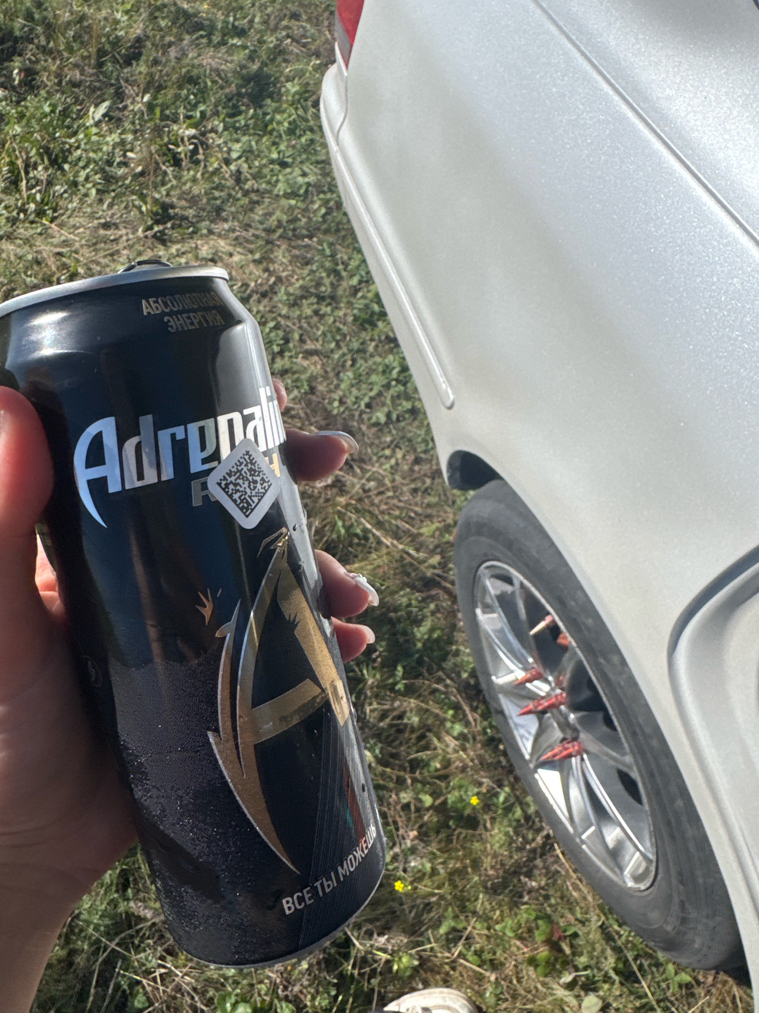 A person's hand is holding a black can of Adrenaline Energy drink. The can has the brand name "Adrenaline" in large, silver lettering and a QR code on its side. The background is a grassy area with some dry leaves and small yellow flowers, typical of a rural or semi-rural environment. In the background, a portion of a white car is visible, including its wheel with red spiked lug nuts. The lighting suggests it is daytime, with sunlight casting shadows. The image appears to have been taken in the city of Shilovo-Kur'ya, Russia.