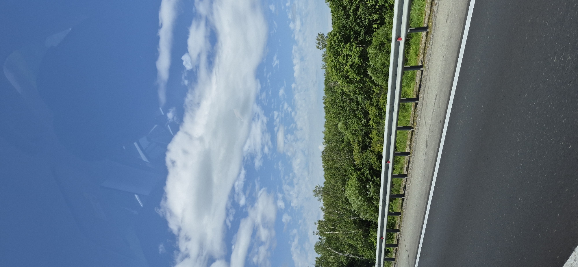 The image shows a roadside scene with a forest in the background. A highway barrier with red markers separates the road from the forest. The road surface is asphalt with a white line marking the lane. The sky is blue with white clouds. The image appears to have been taken from a moving vehicle, possibly in or near Gorodechnoe, Russia, given the context. There are no people visible in the image.