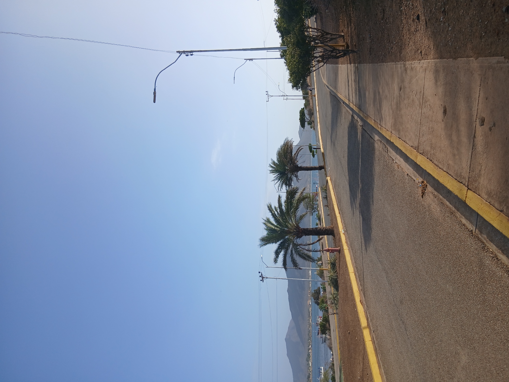 The image displays a clear, sunny day along a coastal road in Juan Griego, Venezuela. The scene is oriented as if looking down a paved road or path that extends from the foreground into the distance, with a bright blue sky above.
On the right side of the frame, a dark asphalt road or path is bordered by a distinct yellow painted curb. Beyond this curb, a strip of dry, rocky, and sandy ground with sparse vegetation is visible, including small bushes and some spiky plants. Further to the right, a line of green trees and bushes marks the edge of the land.
In the middle ground, two prominent palm trees with green fronds stand along the side of the road, casting shadows. Near one of the palm trees, a red fire hydrant is visible. Several utility poles with electrical wires crisscross the sky, and a street light fixture with a curved arm is attached to one of these poles.
In the background, beyond the immediate land features, a calm body of water—likely a bay or the ocean—stretches out. Distant mountains rise from the far side of the water, fading into the hazy horizon. Small structures, possibly buildings or docks, can be seen along the distant shoreline. A very small, indistinct human figure is visible walking on the paved path in the distance.
The sky is a uniform, clear light blue, suggesting perfect weather conditions. The strong sunlight and visible shadows indicate it is daytime, likely late morning or early afternoon. There is no visible text in the image. The overall atmosphere is peaceful and serene, characteristic of a tropical coastal setting.