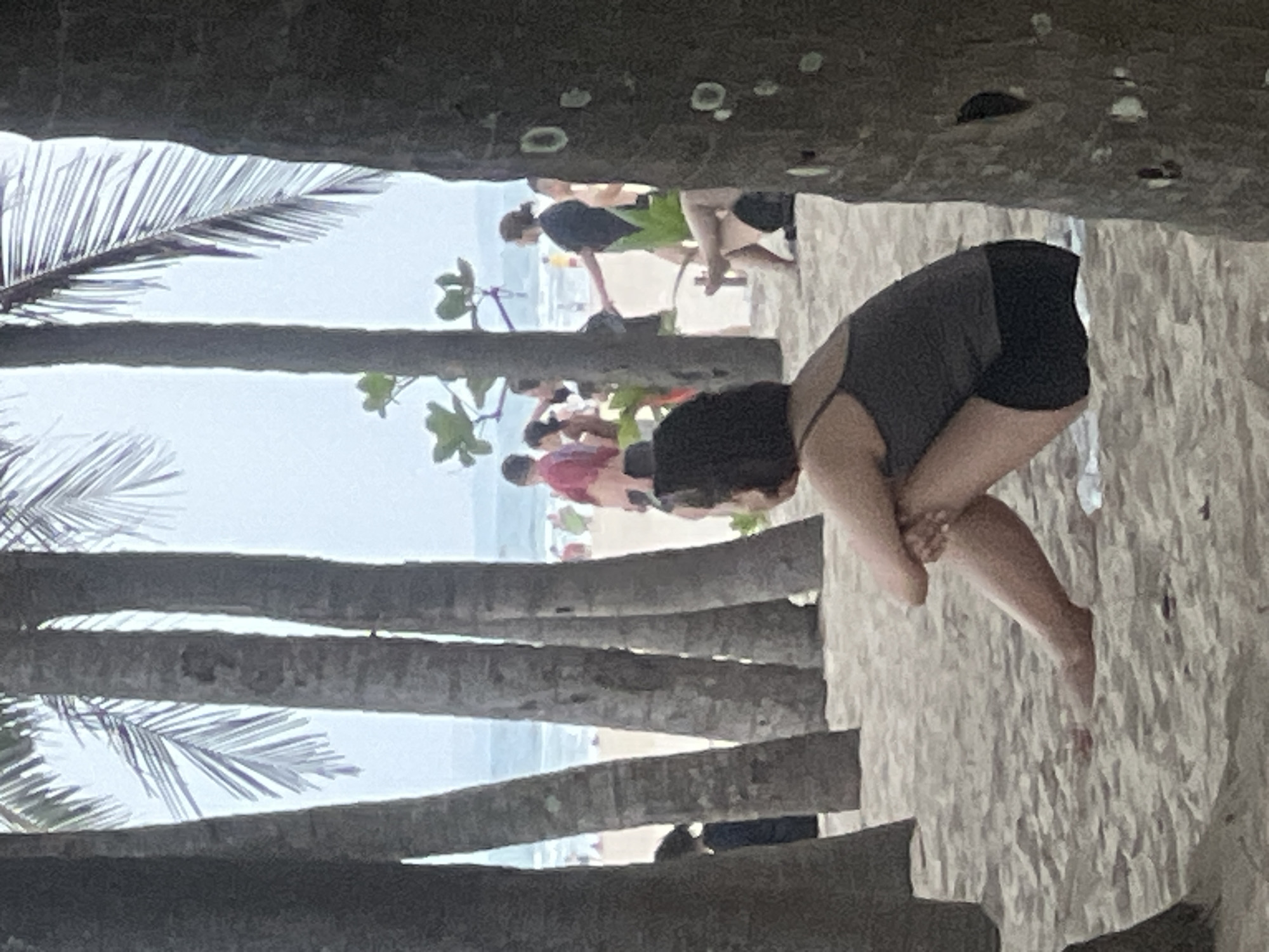 The image depicts a beach scene, likely in Da Nang, Vietnam, as suggested by the presence of palm trees and beachgoers. In the foreground, partially obscured by palm tree trunks, a woman sits on the sand, facing away from the camera. She has dark, short hair and is wearing a dark tank top and black shorts. Her legs are bent, with her left leg extended forward and her right leg tucked underneath. She is looking towards the ocean.
In the background, beyond a line of palm trees, there are several people on the beach and in the water. Some appear to be walking or standing, while others may be swimming or playing in the waves. The ocean is visible with gentle waves breaking on the shore. The sky is overcast, suggesting a cloudy day. The sand is light brown and appears damp in some areas. The overall impression is of a relaxed, casual beach environment.