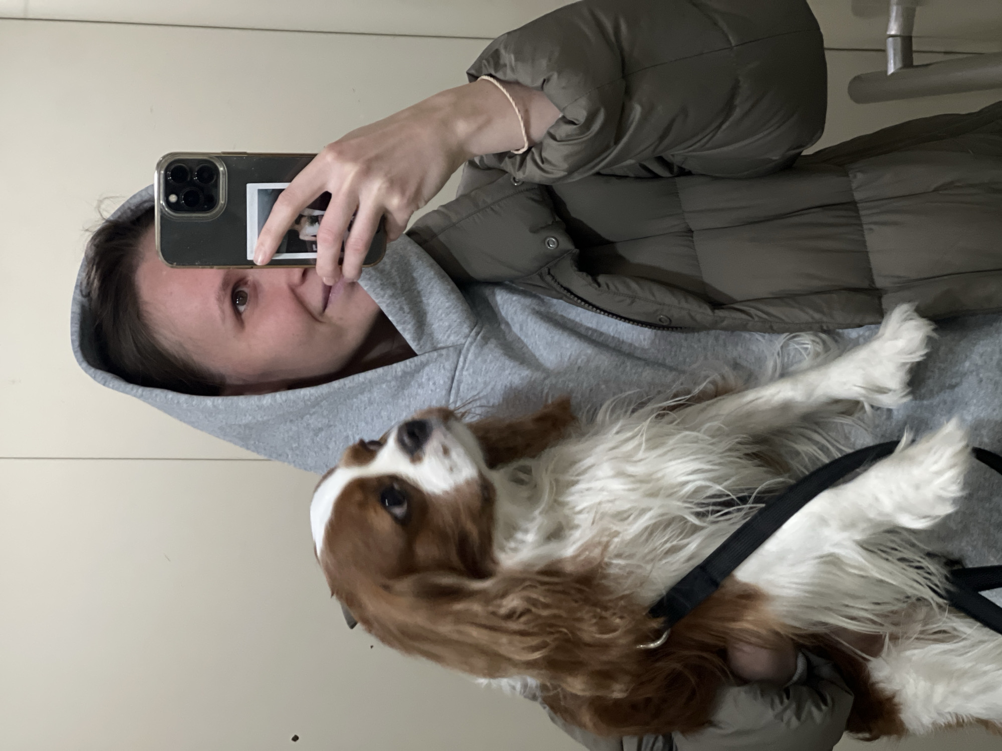 A person wearing a gray hoodie and a green puffer jacket is holding a Cavalier King Charles Spaniel dog. The person is taking a selfie in a mirror with a smartphone. A Polaroid picture is attached to the back of the phone. The location is not discernible in the image, and therefore, I cannot verify that it is in Khimki, Russia.