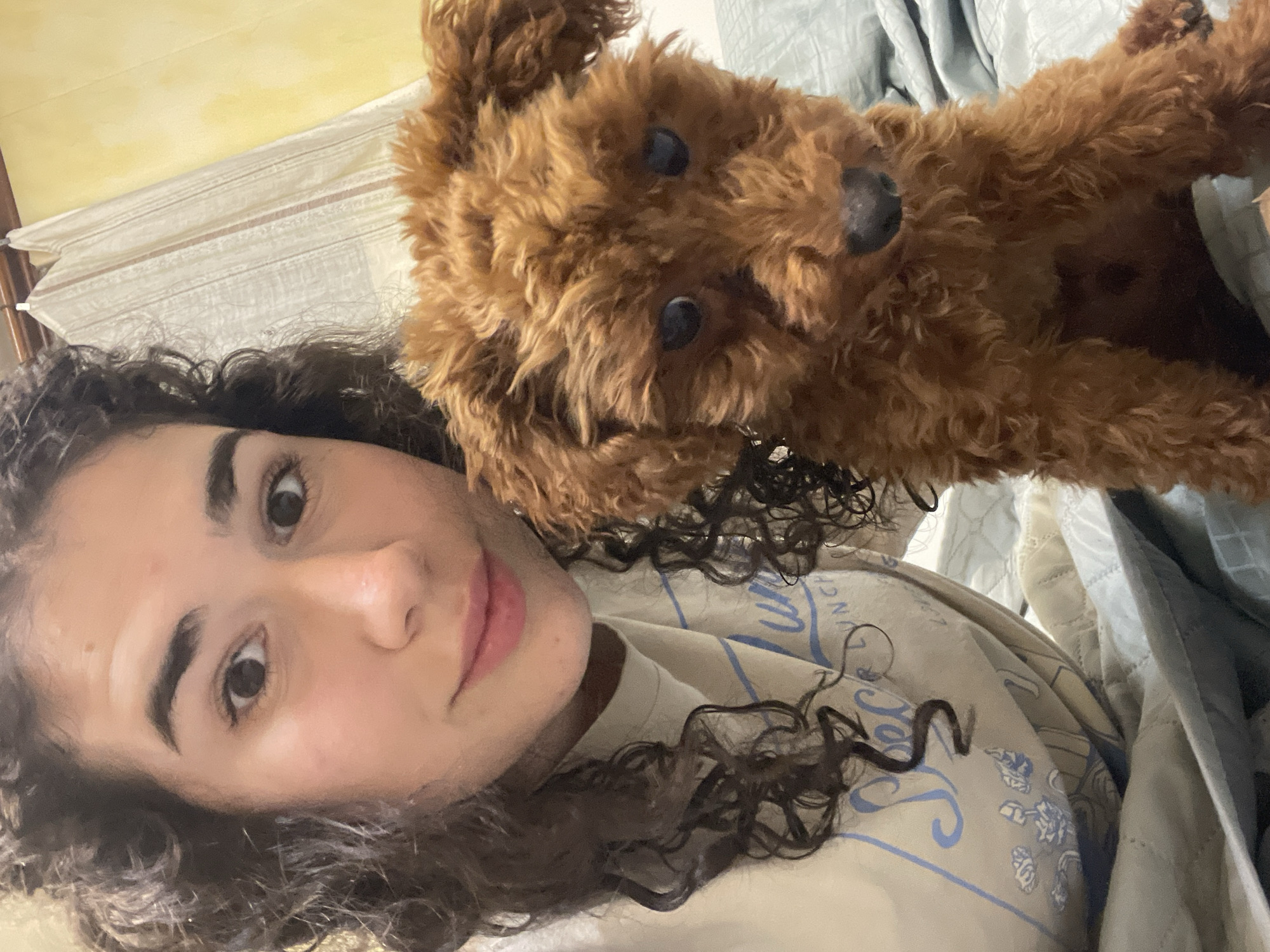A woman with curly brown hair is lying down, looking at the camera. An auburn poodle with dark eyes and nose is positioned above her, seemingly leaning over her. The background includes a light-colored patterned sheet, a white curtain, and a pale yellow wall. No information in the image indicates the location is Sofia, Bulgaria.