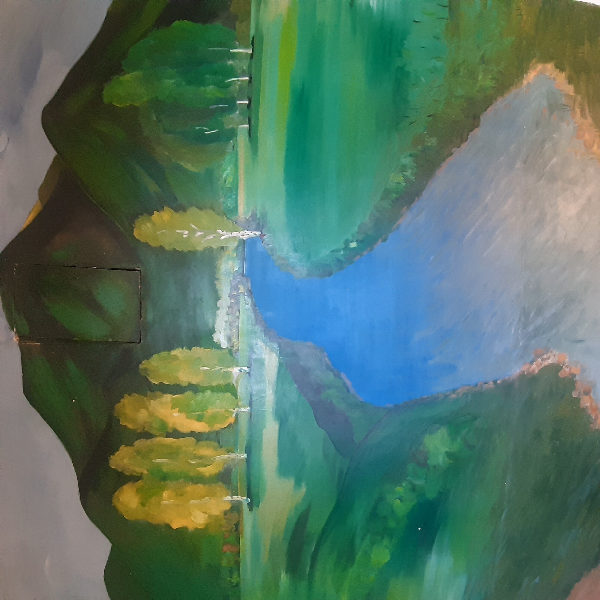 The image is an artist's rendition of a landscape, potentially depicting a river or lake bordered by lush, green hills or mountains. The waterway is a vibrant blue, contrasting with the verdant foliage. There are trees with yellow hues dotting one side, possibly indicating the season or a specific type of tree. The style suggests it may be a mural or painted panel. A darker rectangular area is on the far left, which looks like a door. The scene is reminiscent of a valley or a gorge. The location, Yeghegnadzor, Armenia, is mountainous, fitting the landscape depicted.