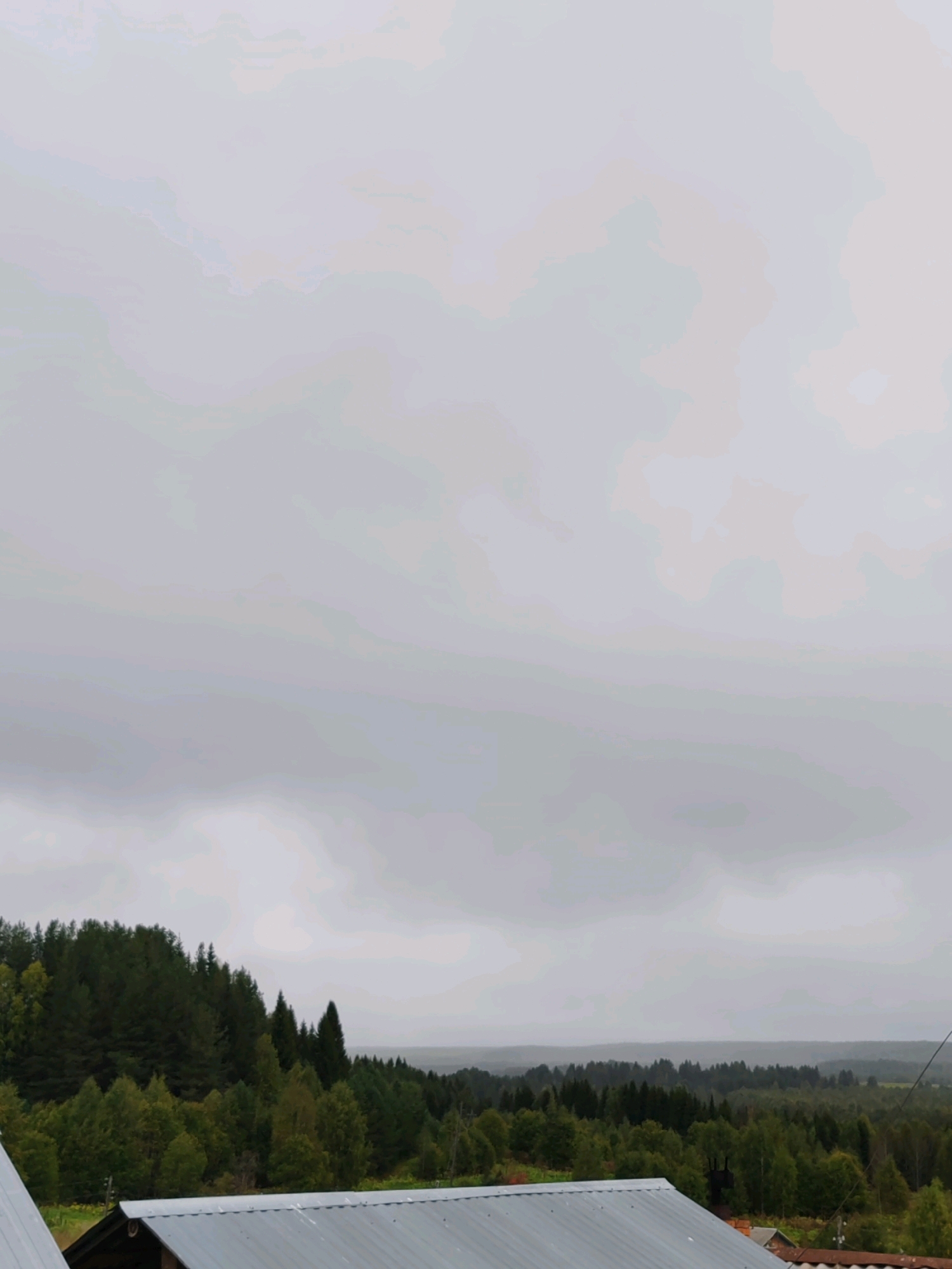 The image shows a wide view of a dense, green forest under a cloudy, overcast sky. In the foreground, the metallic roof of a building is visible, with some parts of the structure peeking out from behind it. The forest stretches across the horizon, with varying shades of green indicating different types of trees and foliage. The overall atmosphere is one of natural landscape, possibly in a rural or semi-rural setting. The location is identified as Chukhlem, Russia.