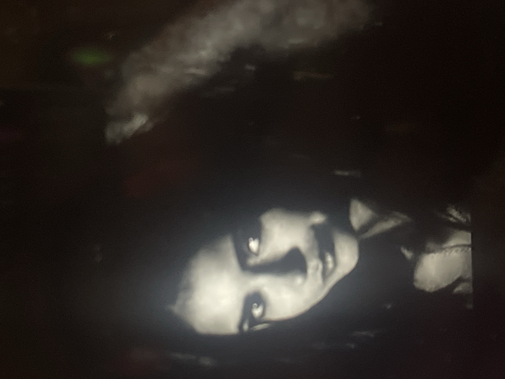 The media file presents a close-up image of a woman's face, oriented on its side, against a dark, dimly lit background. The face, appearing in grayscale or highly desaturated tones, is the central and most prominent subject. She has dark hair framing her face. Her eyes are open, gazing upwards relative to her facial orientation, with bright reflections suggesting a light source. Her expression appears calm, serene, or contemplative, with her lips slightly parted.
The environment is overwhelmingly dark, hinting at a nighttime setting or a poorly lit interior. In the upper left corner, faint, wispy, cloud-like or smoky textures are visible, accompanied by a subtle green light. Similar dark, hazy forms are also present in the upper right. No specific objects are discernible apart from the woman's head and features. No explicit activity is depicted; she appears still. There is no visible text in the image. The location context provided is Poltava, Ukraine, though no direct visual cues in the image confirm this.