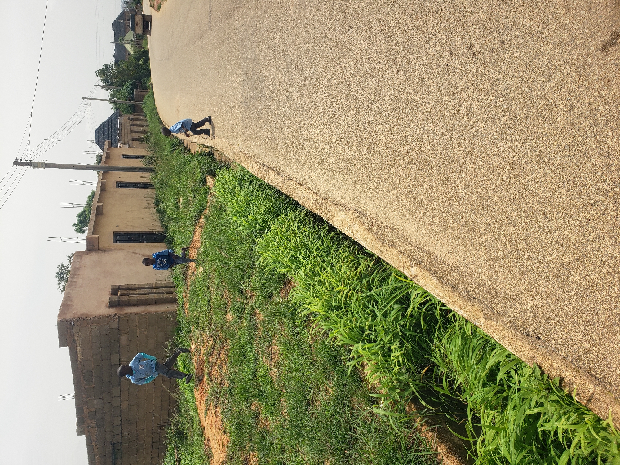 In Rayfield, Nigeria, an asphalt road runs through a semi-urban area with undeveloped and partially constructed buildings. On the left side of the road, a drainage ditch is filled with lush green vegetation. Two young boys are present: one, wearing a light blue long-sleeved shirt and dark pants, runs across an unpaved area in front of a brick building. Another boy, in a blue t-shirt and dark pants, walks along the edge of the drainage ditch on the side of the road. In the distance, a truck is visible on the road, and various houses with pitched roofs are scattered among trees. The sky is overcast, suggesting a cloudy day.