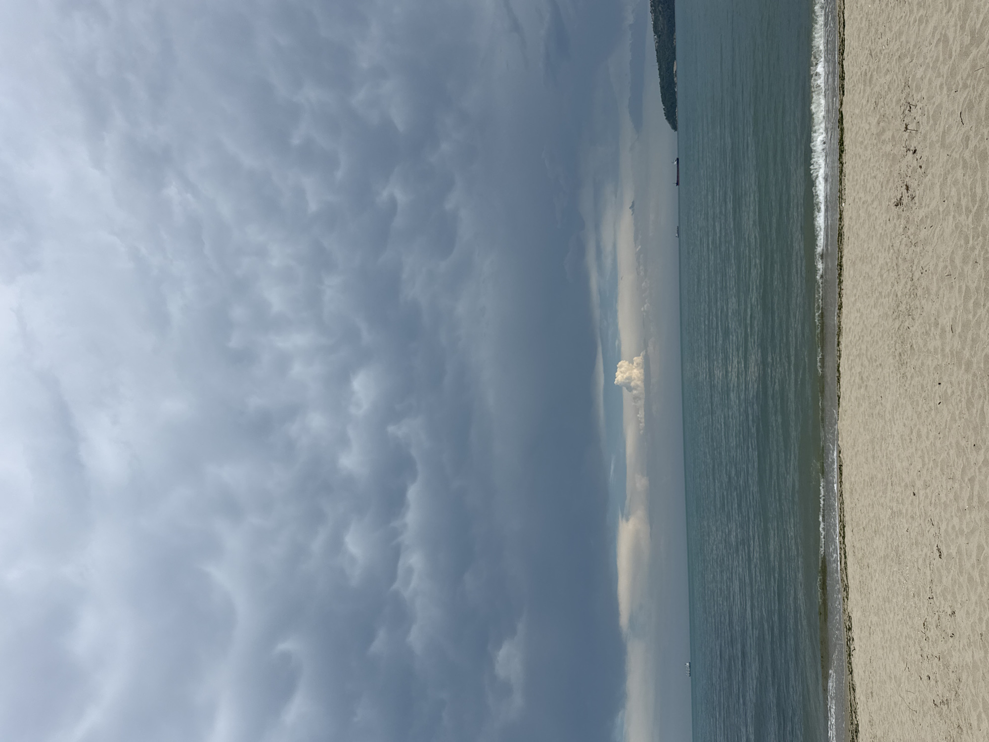 The image depicts a beach scene in Varna, Bulgaria. The right side of the image shows a sandy beach with small waves reaching the shoreline. The sea occupies the middle section, transitioning from a darker shade near the beach to lighter tones further out. The left side is dominated by a cloudy sky with varying shades of gray. A thin strip of land or trees can be seen in the far distance, blending with the sky.