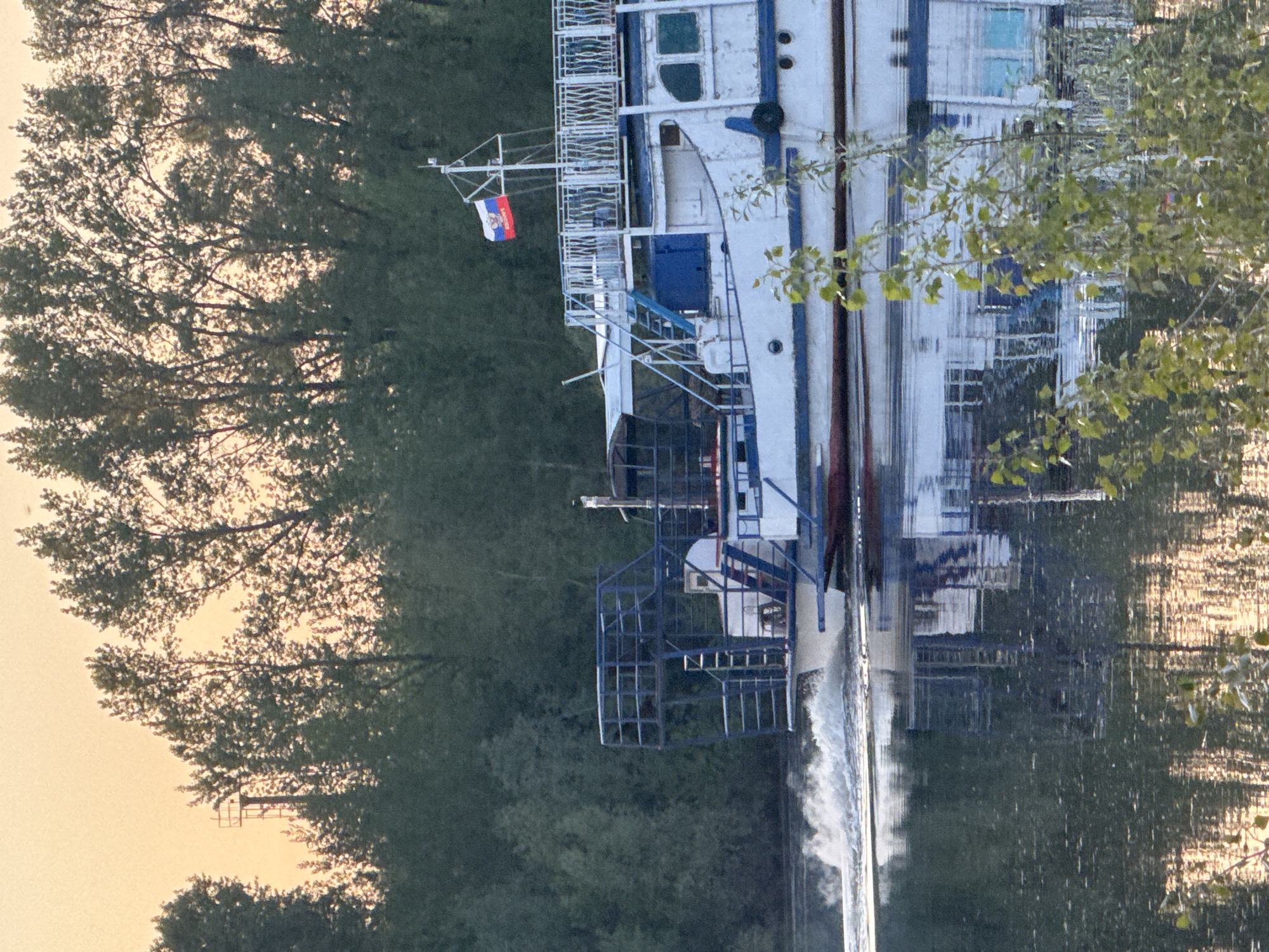 The image depicts a white passenger ship with a Serbian flag on its mast, likely traveling along the Kama River in Chaikovsky, Russia. The ship's wake disrupts the water's reflection of the ship and surrounding trees. The trees line the riverbank, with an orange sky visible through their branches.