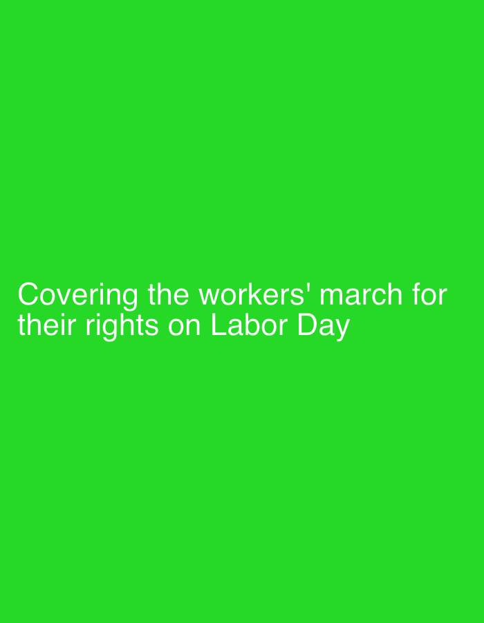 The image displays a vibrant green background with white text centered towards the bottom. No specific subjects, objects, or detailed scenes are visible. The visible text reads: "Covering the workers' march for their rights on Labor Day". This indicates that the media file is related to reporting or documenting a public demonstration or protest concerning workers' rights, which occurred on Labor Day. While no visual cues for time of day or weather are present within the image itself, the context implies a daytime event. The location for this event is Buenos Aires, Argentina. The solid green background suggests this could be a title slide, a news graphic, or a placeholder for a broadcast or presentation.
