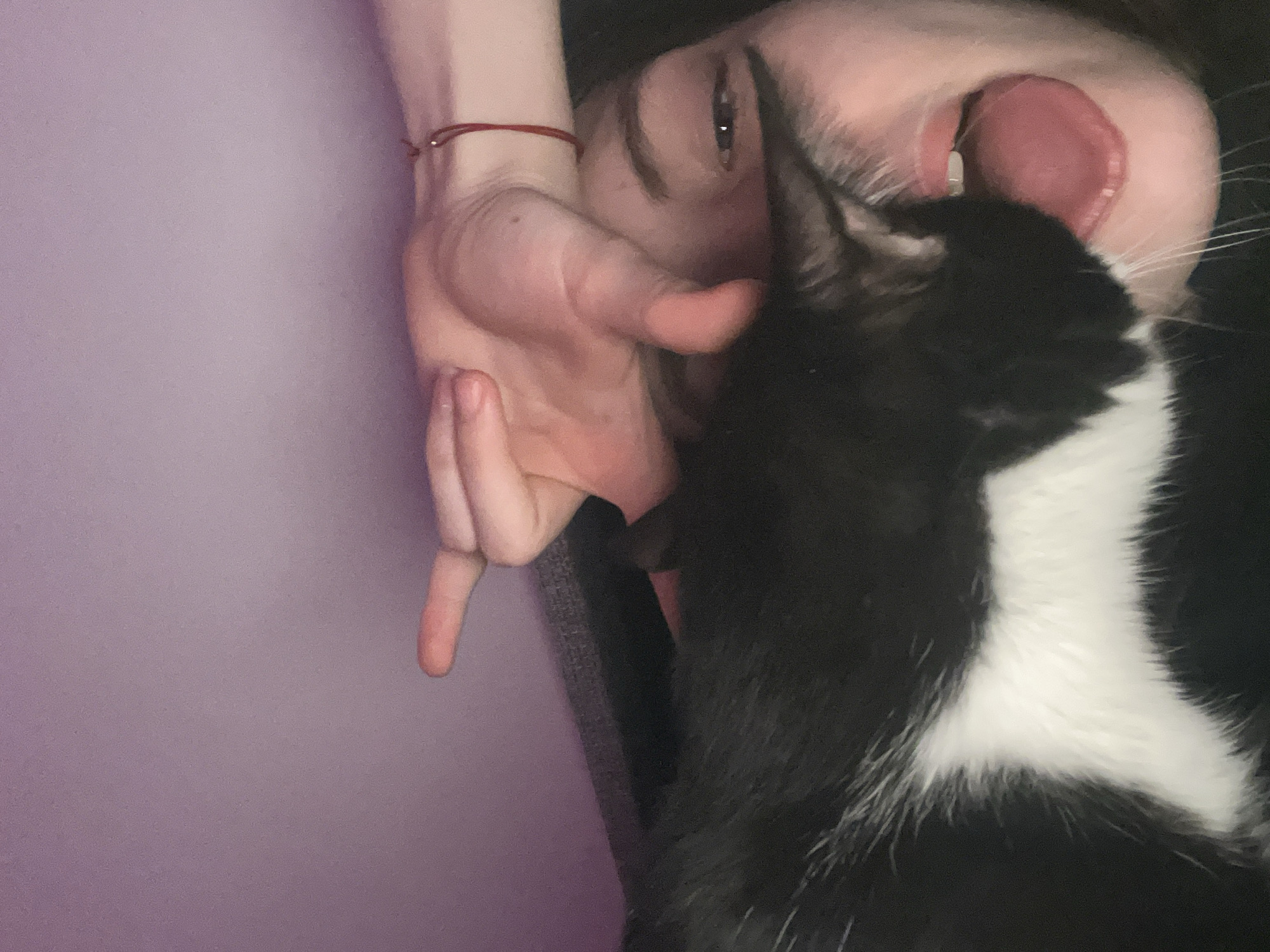 A close-up image shows a person lying down with their face turned to the side, their tongue visible. The person has a red string bracelet on their wrist. A black and white cat is close to the person's face, possibly licking them. The background is a plain, light purple wall. The setting appears to be indoors, but the location is not identifiable as Saint Petersburg, Russia, based on the visual information provided.
