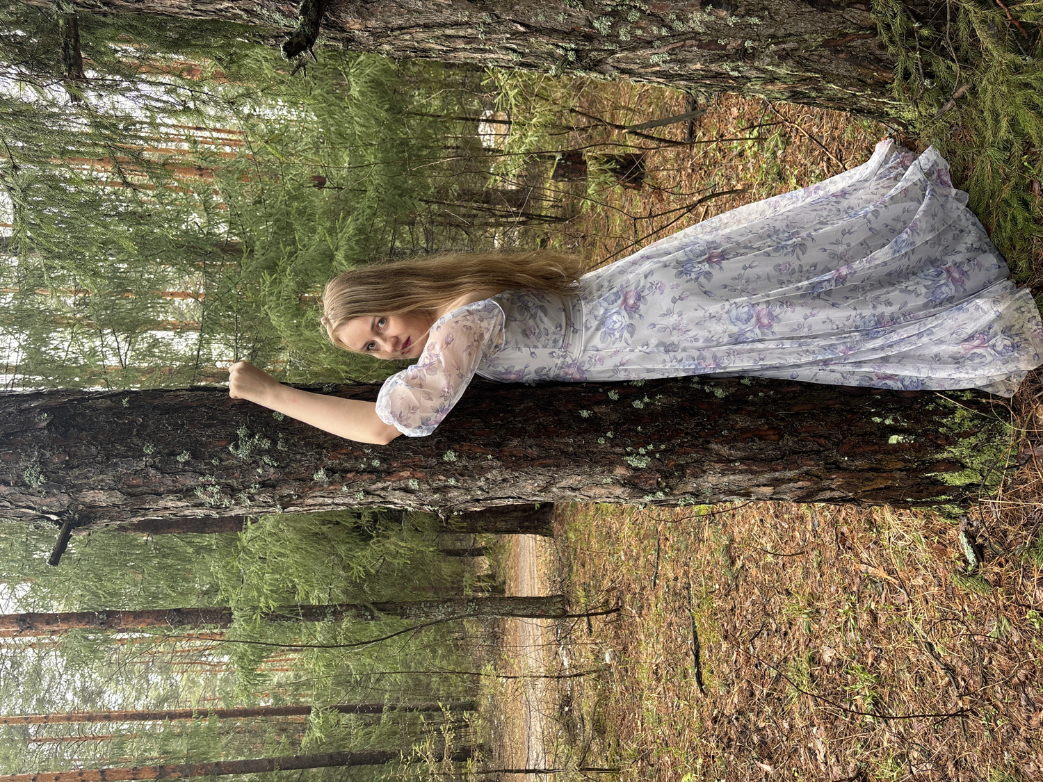 A young woman in a floral dress lies across a fallen tree trunk in a forest. Her blonde hair is long and straight. She is propped up on her left arm, looking at the camera. The forest has tall pine trees with brown needles covering the ground. The location is inferred to be in the city of Chaikovsky, Russia.