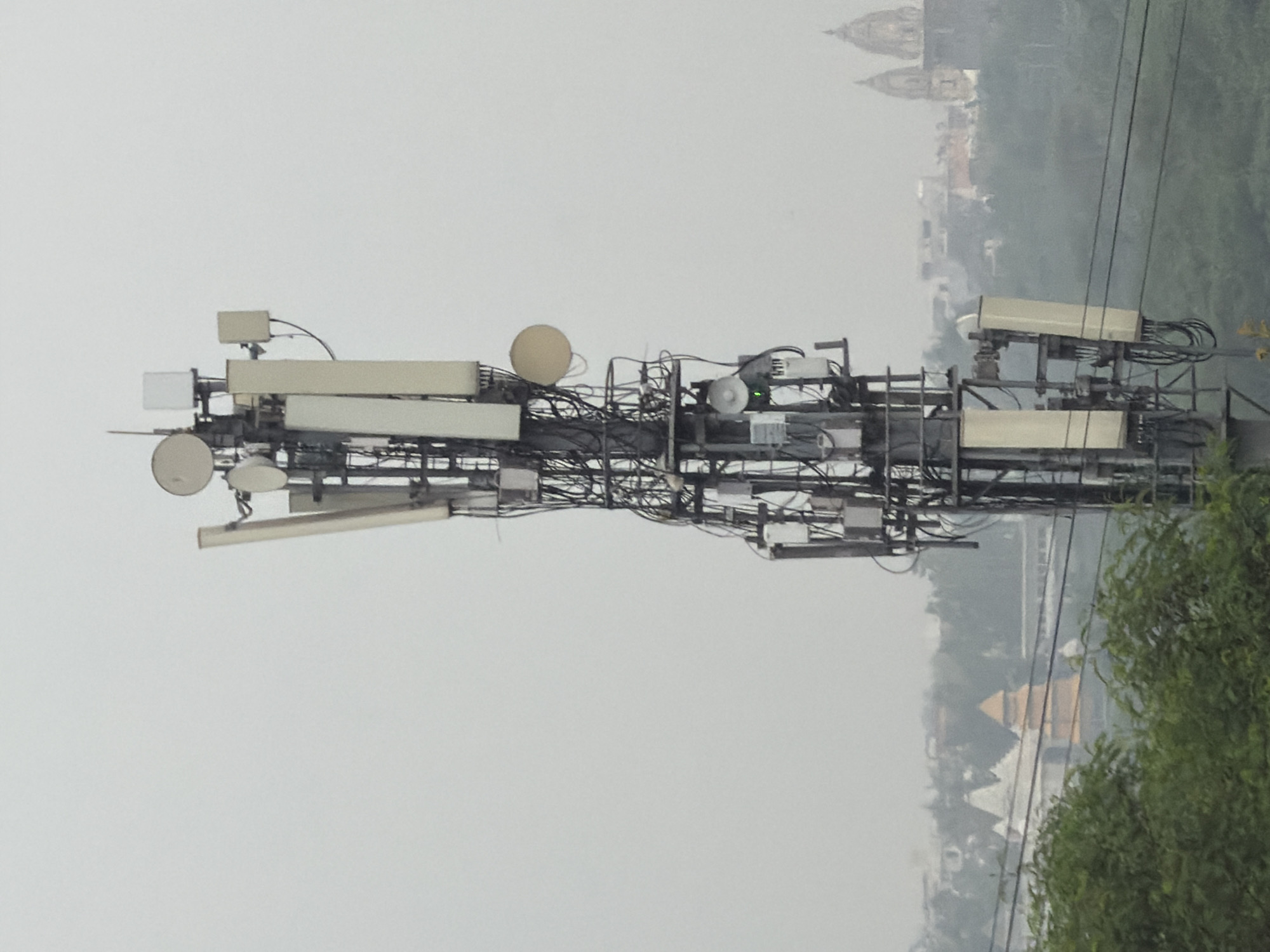 A cell tower stands tall against a hazy sky, its metallic structure laden with antennas and cables. In the background, the silhouette of Delhi, India, is visible, with hints of temple architecture peeking through the low-lying mist. Lush green trees in the foreground frame the scene, adding a touch of nature to the urban landscape. The overall atmosphere is one of a typical day in the city, with technology and tradition coexisting amidst the atmospheric conditions.