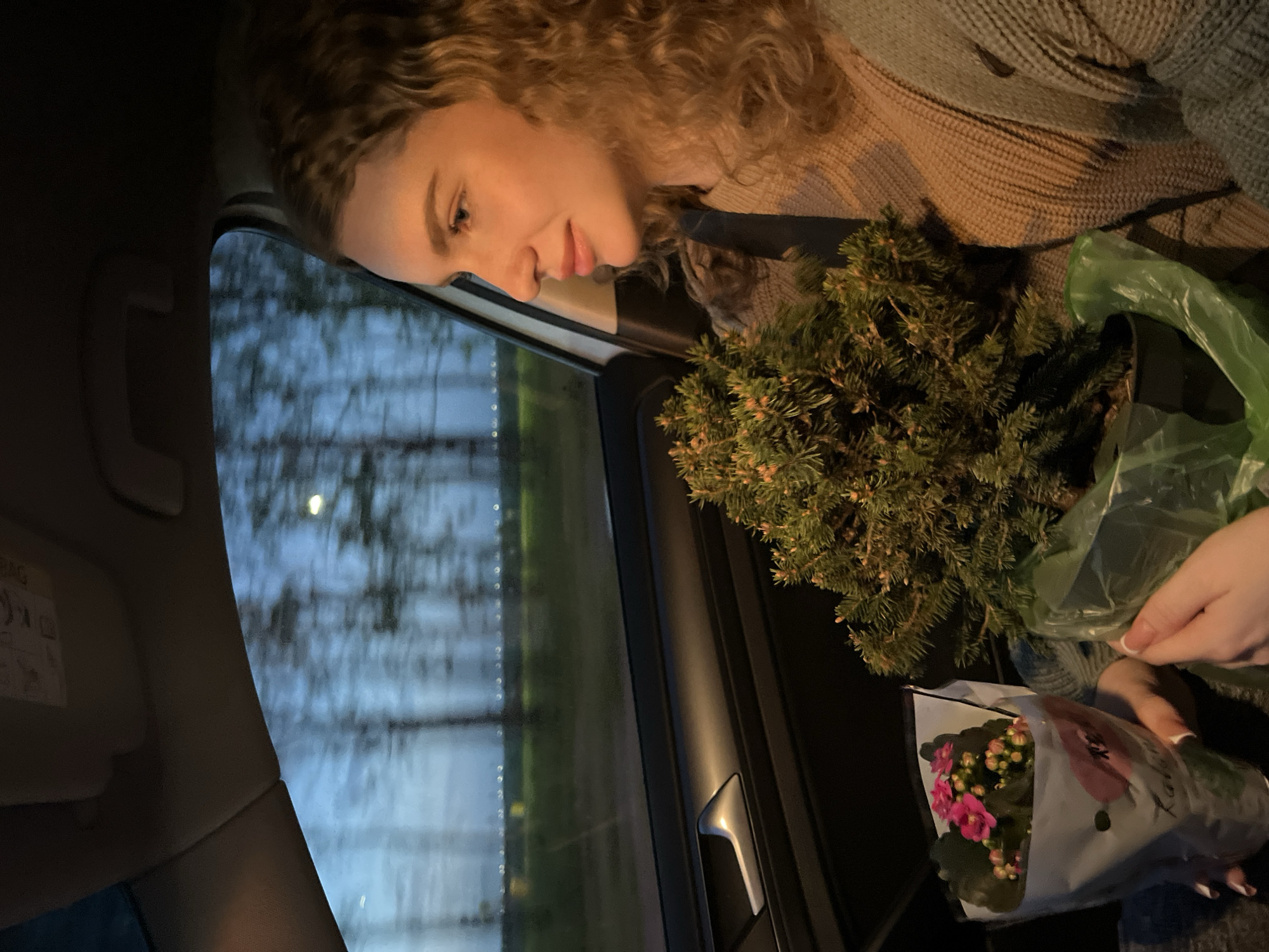 A woman with curly blonde hair is inside a car, looking down at a small coniferous tree in a plastic bag and a bouquet of pink flowers in a paper wrapper. She wears a tan sweater and a dark seatbelt. The car window shows a blurred view of trees and a twilight sky. The scene takes place at night or dusk in Дубровка, Russia. The interior of the car and the objects held by the woman are visible.