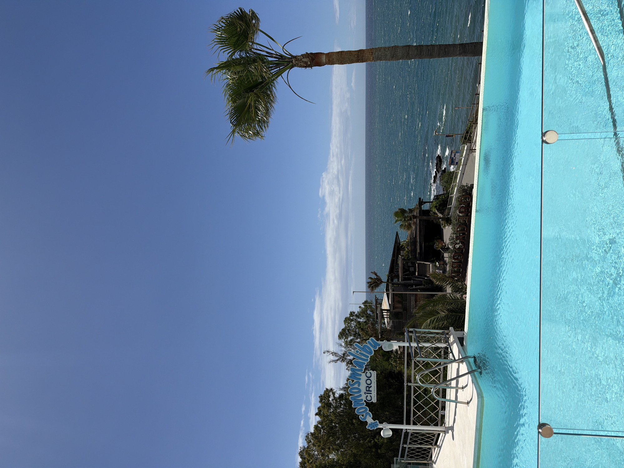 The image depicts a sunny coastal scene in Benalmádena, Spain, featuring a palm tree against a clear blue sky and the Mediterranean Sea. A light blue swimming pool occupies the right side of the frame. The "somosmalibu" sign, advertising Ciroc vodka, is visible in the foreground. Behind the sign, there are lush green trees and a structure with a thatched roof. The sea stretches into the distance with some boats visible. The image is rotated 90 degrees counter-clockwise.