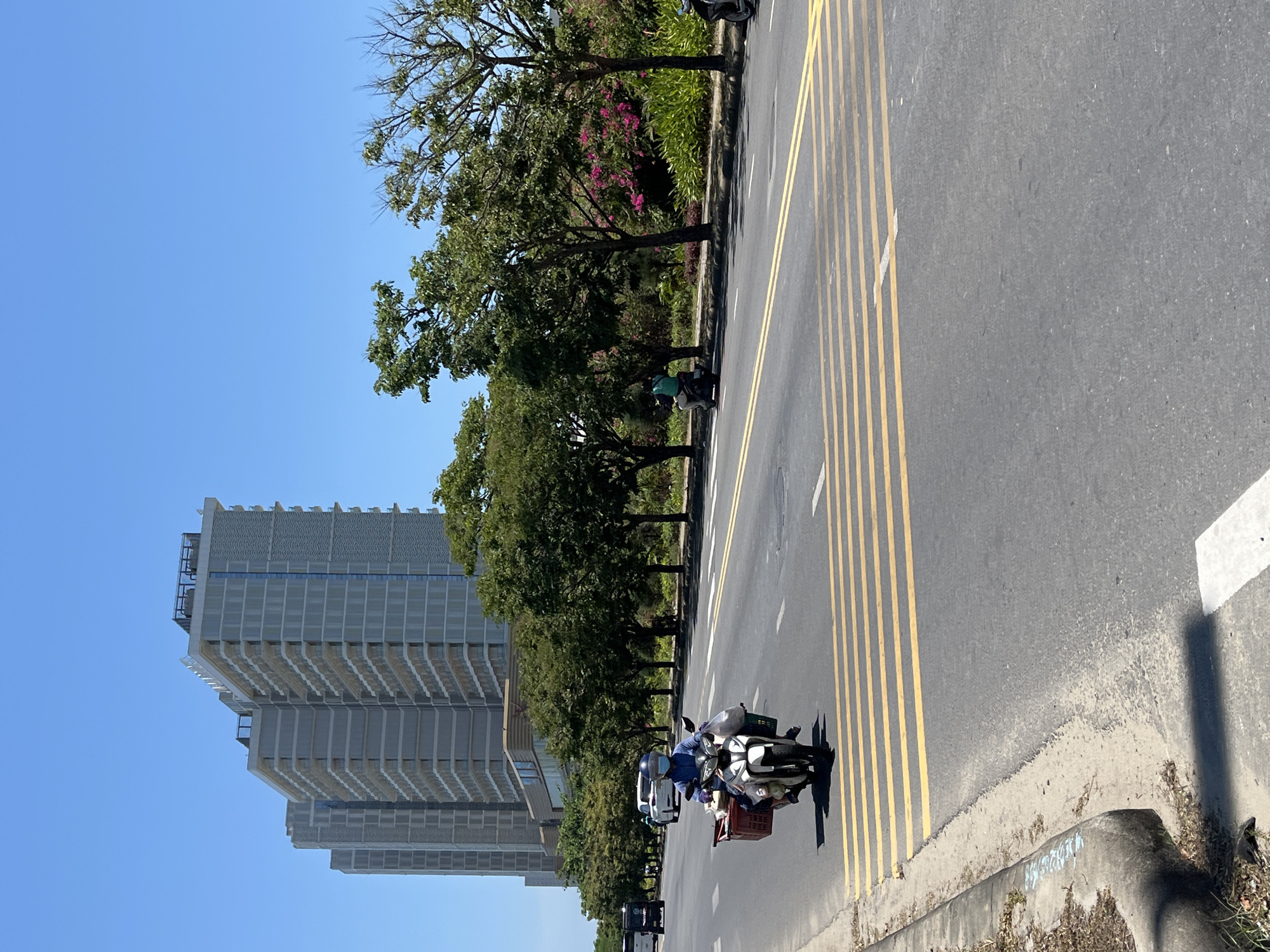 A daytime view of a street in Đà Nẵng, Vietnam. On the left side of the image, a high-rise building with multiple floors is visible against a clear blue sky. Along the street, there are trees, and a motorbike is carrying packages. The street has yellow lines painted on it.