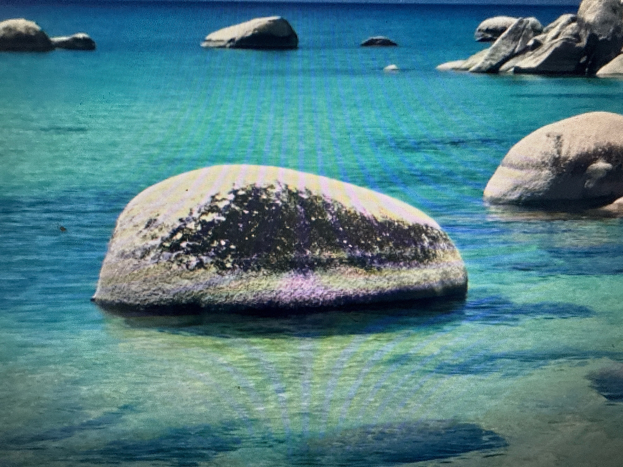 The image shows a body of clear, turquoise water with several large, rounded rocks emerging from the surface. The rocks are light gray and some have dark green or black patches on them, possibly moss or algae. The water is shallow in places, revealing the sandy or rocky bottom. In the background, more rocks and the distant horizon are visible under a clear blue sky. The scene depicts a natural outdoor environment, likely a lake or a calm sea. There is no indication of any urban setting, nor any elements that would suggest this location to be in Frankfurt, Germany. The image does not contain any people, actions, or interactions.