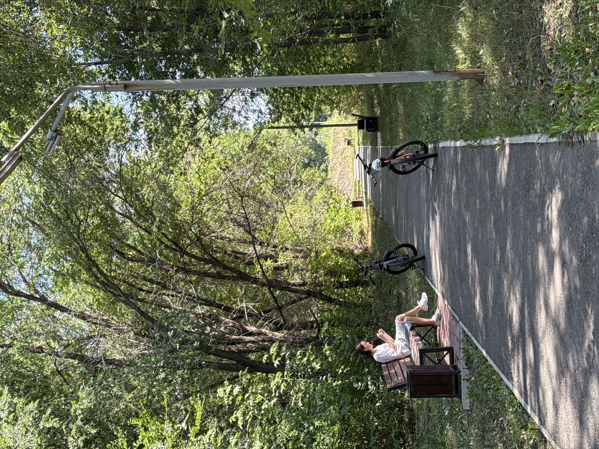 A person sits on a park bench in Oskemen, Kazakhstan, looking at their phone. The bench is made of wood and metal and is located on the side of a paved path. Two bicycles are parked on the path, one in front of the bench and another further down the path. The path is lined with trees and grass, and a lamppost stands on the right side of the path. The scene appears to be set in a park or recreational area.