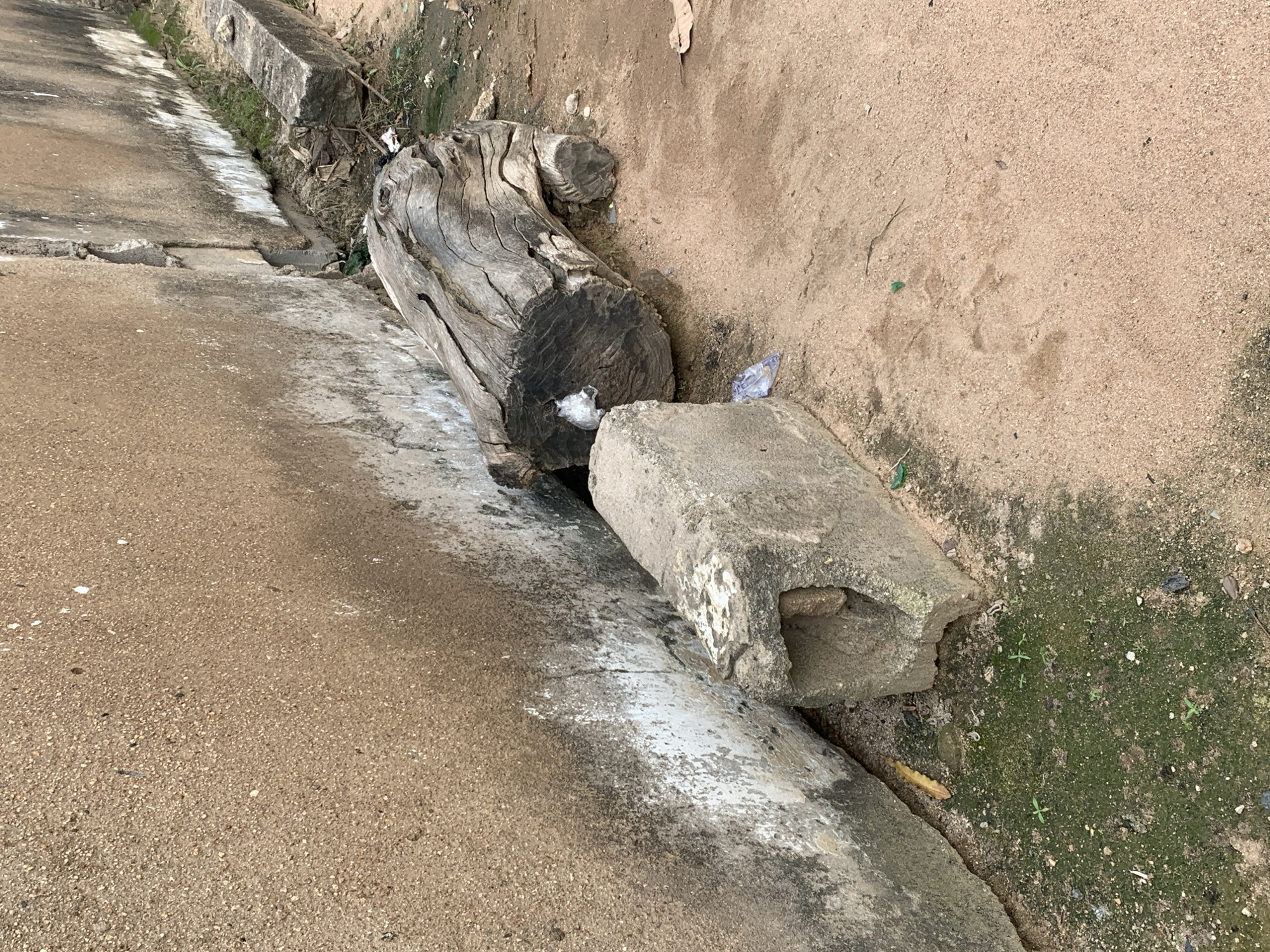 The image shows a scene of debris on the side of a paved pathway. A large, weathered log lies horizontally on the ground, its rough texture and deep cracks indicative of age and exposure. Next to the log is a broken concrete block, its hollowed-out section visible.
The ground is a mix of sandy soil and some patches of moss and scattered green vegetation. There are also fragments of debris, including what appears to be a torn plastic bag or wrapper, near the log and the concrete block. The paved pathway is a lighter color than the surrounding soil and shows signs of wear and tear, with some cracked and uneven sections. A concrete structure runs along the edge of the pathway, contributing to the overall impression of an outdoor, possibly neglected, area.
There is no visible text in the image. The lighting suggests it is daytime, and the presence of moss indicates a potentially damp environment, though the overall weather cannot be definitively determined. The scene appears to be an outdoor, utilitarian space, possibly a drainage ditch or the edge of a road or walkway, where discarded materials and natural elements have accumulated.