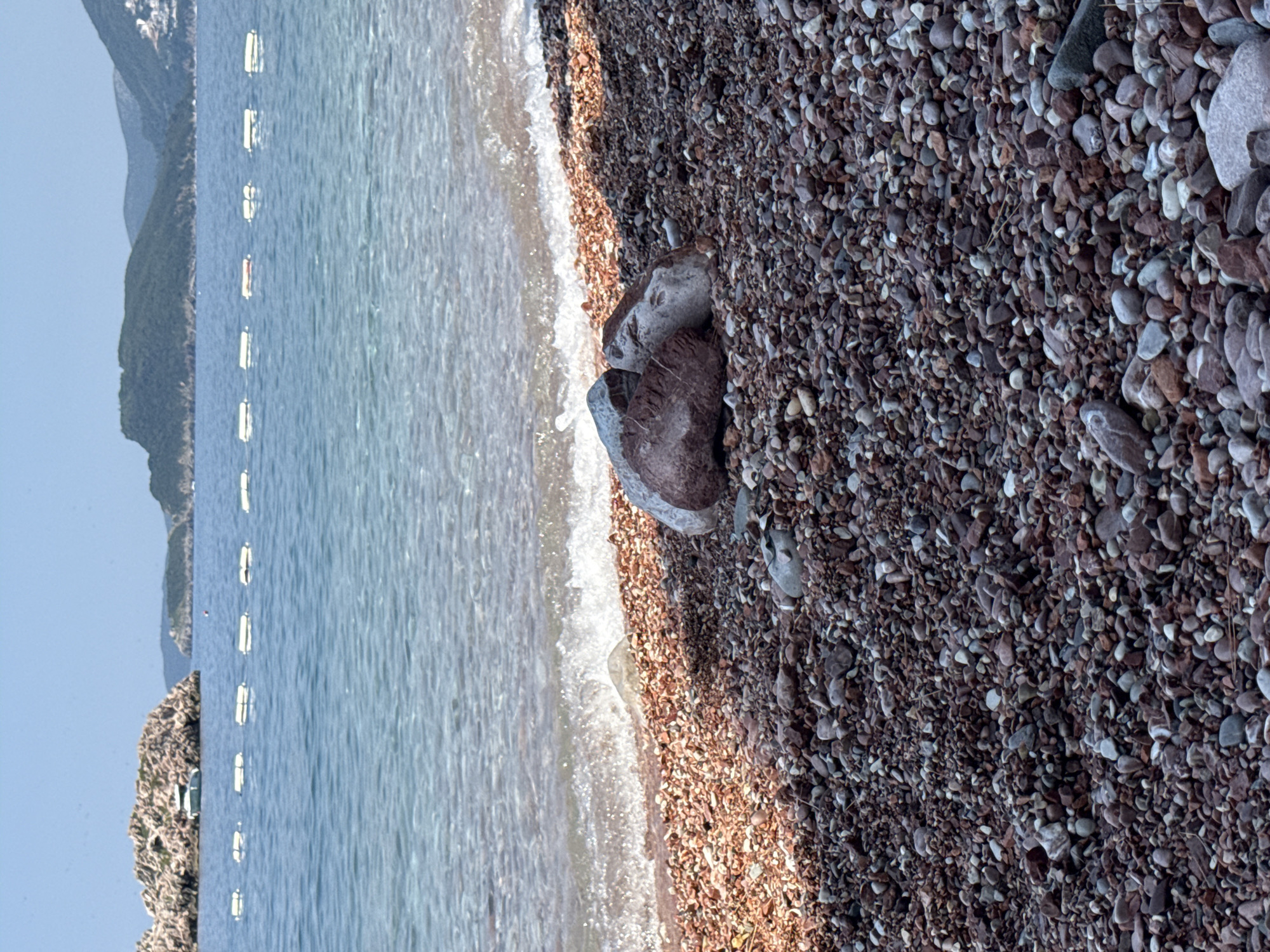 A close-up, eye-level view of a pebble beach in Budva, Montenegro, with the Adriatic Sea and distant islands in the background. The foreground is densely covered with small, reddish-brown and gray pebbles, interspersed with larger stones. A cluster of larger rocks, one dark red and veined, another light gray with red markings, sits near the waterline. Gentle waves with white foam wash onto the shore. The sea is a clear, shimmering blue, marked by a line of white buoys stretching horizontally across the middle ground. Beyond the buoys, rocky islands with sparse vegetation rise from the water, and in the far distance, hilly, green landmasses are visible under a clear blue sky. There are no people or animals in the frame.