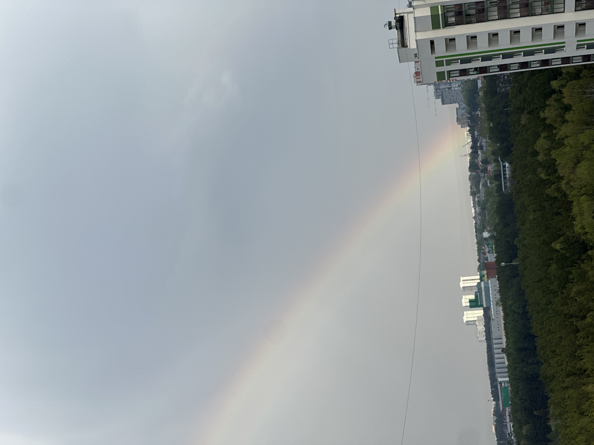 A rainbow spans the sky over a residential area of Yekaterinburg, Russia. The view is from an elevated position, likely a high-rise building. In the foreground to the right is the edge of another high-rise, its white facade punctuated by green window frames. Below, a dense line of green trees separates the building from the rest of the urban landscape. Other buildings, mostly white or light colored, are visible in the distance between the trees. A power line stretches vertically in the center of the scene. The sky is predominantly gray, indicative of overcast weather. The rainbow's colors are muted but visible against the gray backdrop.
