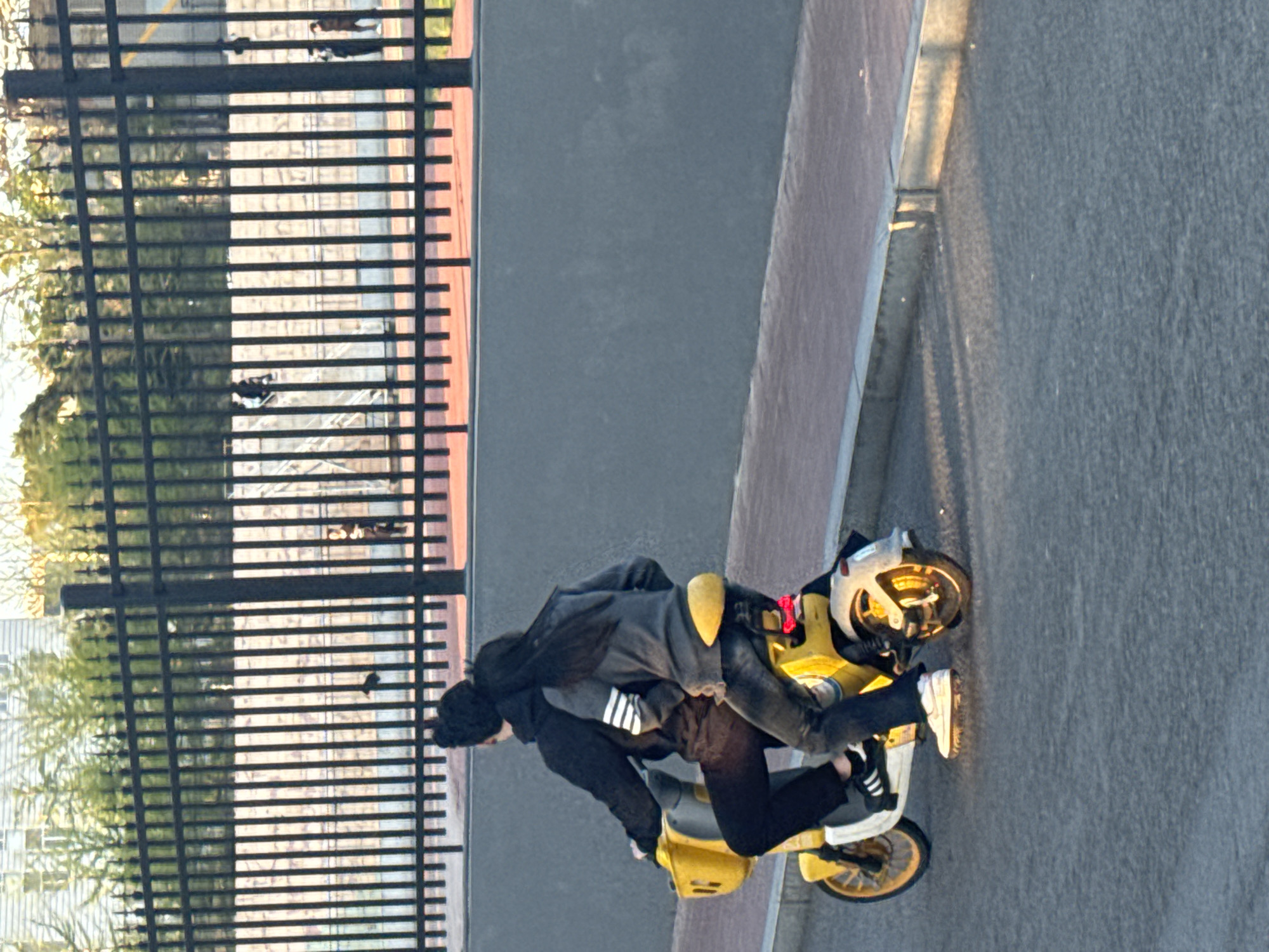 A person wearing a black beanie, a black and white Adidas hooded sweatshirt, black pants, and black and white Adidas sneakers is seen riding a yellow moped on a road. The background includes a black metal fence, a gray wall, a narrow sidewalk, a gray road, trees, and buildings. The location is Zhongtun, China.