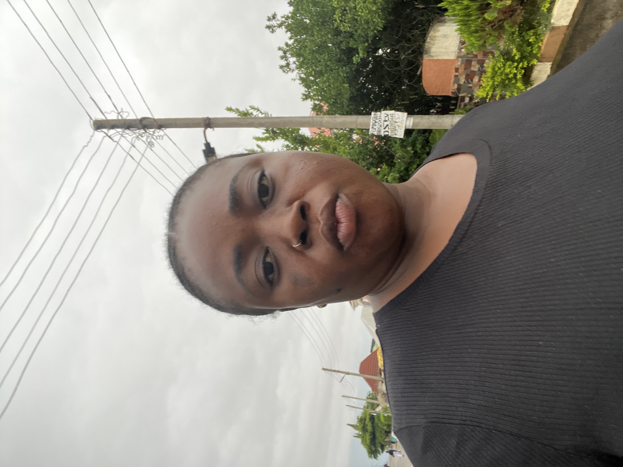 A close-up, selfie-style portrait captures a person with dark skin looking directly at the camera with a neutral expression. The individual has braided hair, pulled back, and wears a small silver nose ring. They are dressed in a dark, possibly black, ribbed top, visible on their shoulder and chest.
The scene is an outdoor, urban or semi-urban environment, consistent with Abuja, Nigeria. The sky is overcast and grey, indicating a cloudy daytime. In the background, multiple utility poles with a dense network of electrical wires are prominent. Lush green trees and foliage are visible behind the poles, and glimpses of buildings or structures can be seen in the distance.
A white flyer or sign is affixed to one of the utility poles. Visible text on the sign includes "FUMIGATION", "DSTV", and several Nigerian phone numbers such as "080545*****", "09037013446", and "07038480706". The photograph conveys a casual moment outdoors on a cloudy day.