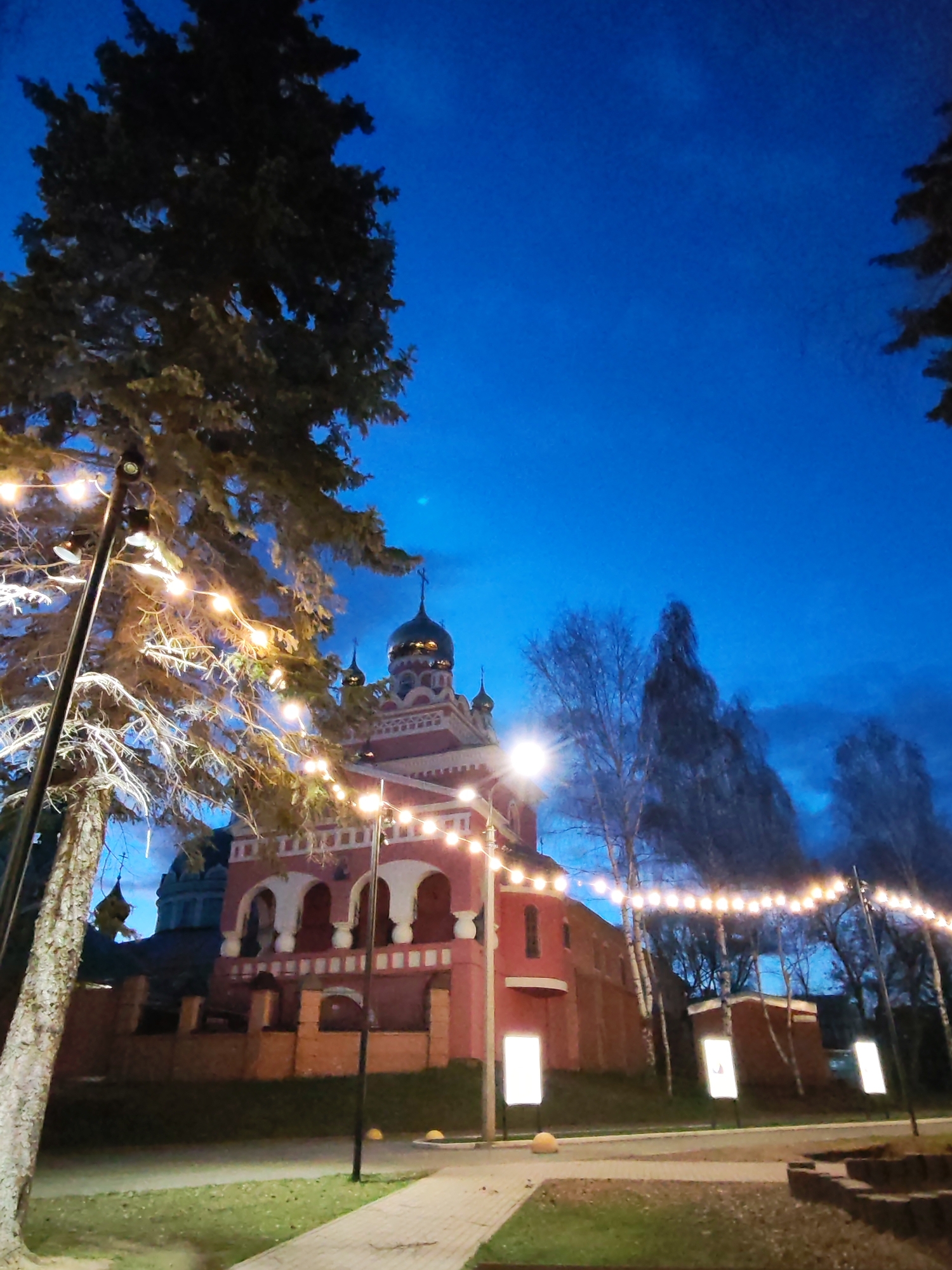 This image depicts an evening scene in Izhevsk, Russia, featuring a grand, traditionally styled building, likely a Russian Orthodox church or cathedral, illuminated under a deep blue twilight sky. The building is predominantly red with white architectural elements, including arched windows and balustrades, and is topped with dark domes bearing crosses.
In the foreground and mid-ground, a network of string lights with warm-toned bulbs is strung between black poles, illuminating the pathway and surrounding areas. A large evergreen tree with dense foliage is prominent on the left, partially lit by the string lights. On the right side, several bare deciduous trees stand, their silhouettes stark against the vibrant blue sky, with some appearing blurred, possibly due to motion or depth of field.
A paved pathway winds through a grassy area in the lower part of the image, leading towards the building. Several tall, rectangular white display boards or signs are positioned along the path and near the building, emitting a bright glow. The scene captures a serene and atmospheric moment at dusk or early night, with artificial lighting creating a warm contrast against the cool blue sky. No people or specific activities are visible, and there is no discernible text within the image.