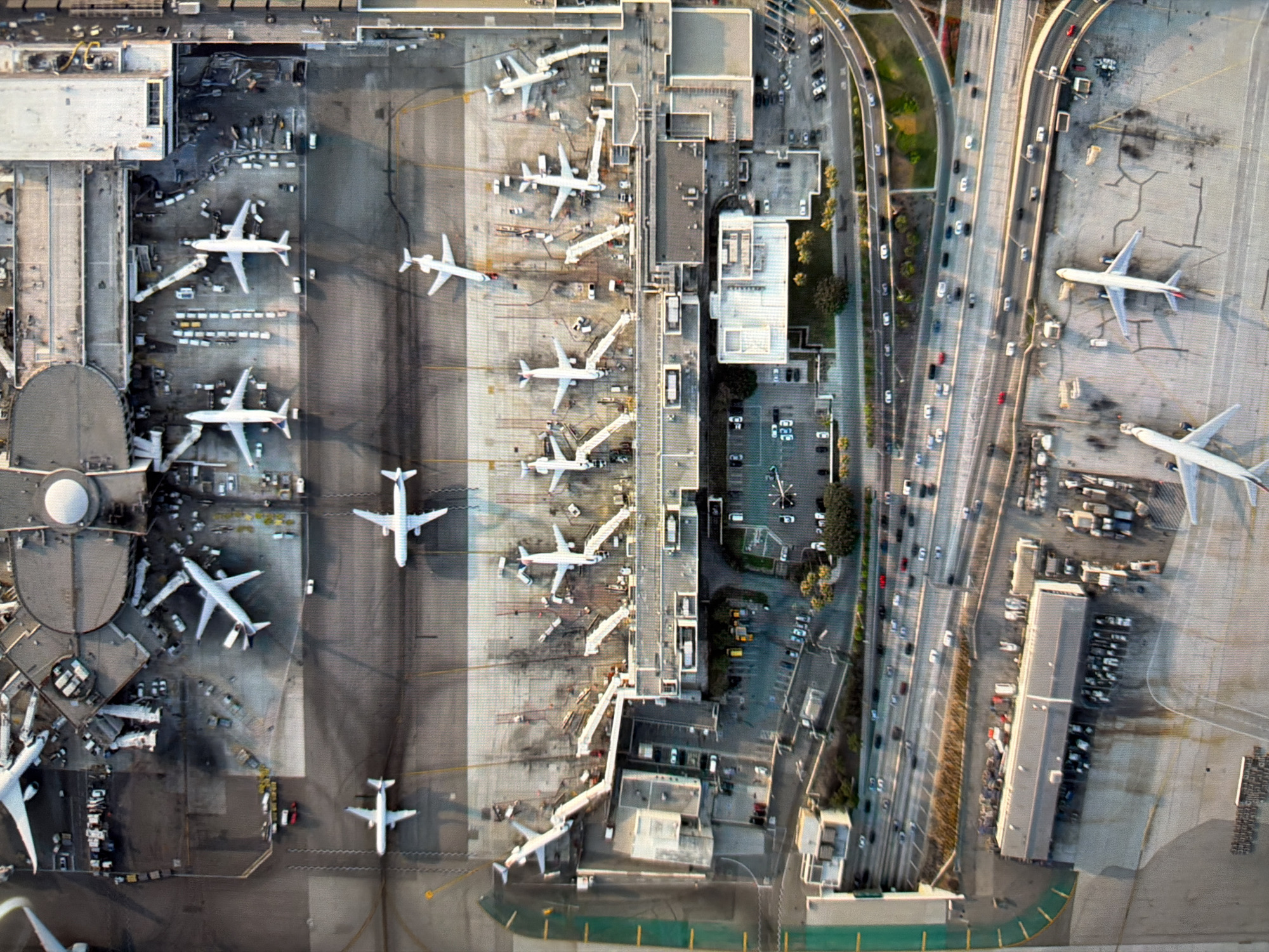 The image is an aerial view of an airport tarmac with multiple airplanes parked at gates and on the runway. The airport is situated in an urban environment with buildings, parking lots, and highways visible in the surrounding areas. The sky is clear, and the lighting suggests it is daytime.
The image contains numerous commercial airplanes of various sizes, some connected to jet bridges. Other vehicles, such as baggage carts and service trucks, are also present on the tarmac. The airport infrastructure, including terminals and support buildings, is clearly depicted. The surrounding urban landscape shows a dense network of roads with cars in motion, indicating a busy city.
The location in the city of Kyiv, Ukraine, is not discernible from the image. The image displays a generic airport scene common in many major cities worldwide.