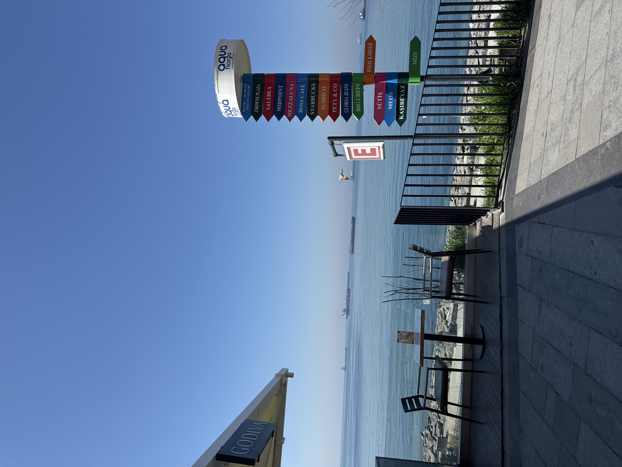 The image shows a sunny day at the Aqua Florya shopping center in Bakırköy, Turkey, overlooking the Marmara Sea. A signpost directs visitors to various restaurants and shops including Godiva, Crowne Plaza, Starbucks, and Big Chefs. Seating is arranged along the edge overlooking the sea. A black metal railing runs along the edge. Ships are visible in the distant sea.