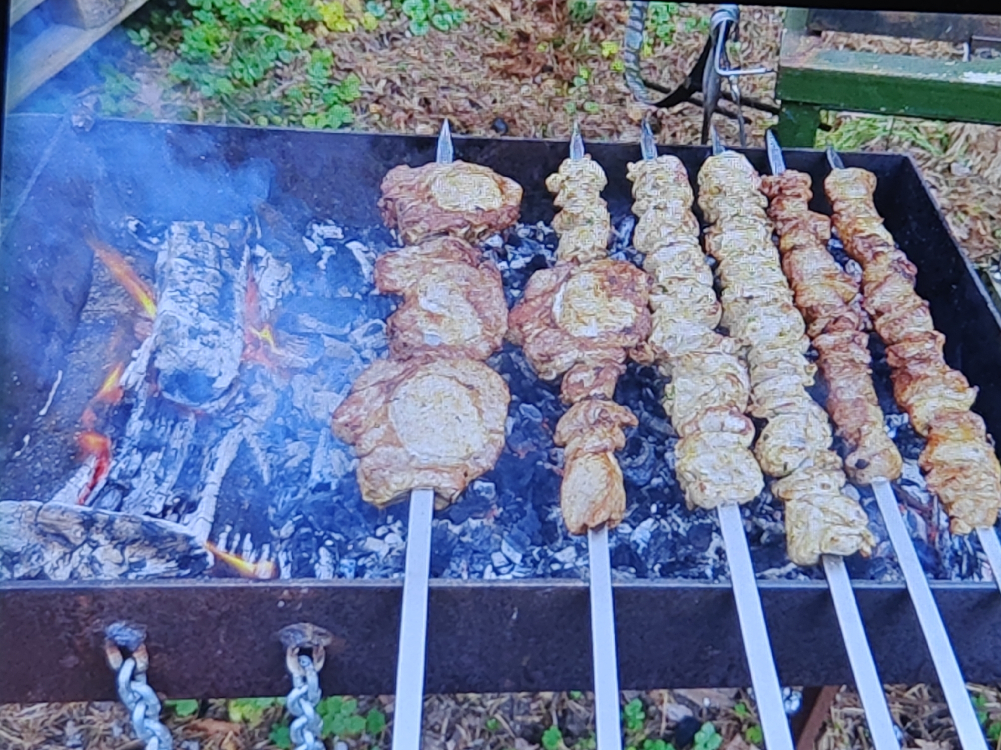 The image shows kebabs being grilled over hot coals in an outdoor setting. The kebabs are skewered and appear to be made of meat. Some kebabs are lighter in color, suggesting they might be marinated or made with a different type of meat. Smoke rises from the grill, indicating the cooking process is underway. The grill itself is a dark, metal rectangular container with chains attached to the sides. In the background, there is greenery and dry leaves, suggesting a natural environment. A green bench is partially visible in the upper right corner. The lighting suggests it is daytime. No people are visible in the image. The scene depicts a common outdoor activity of barbecuing.