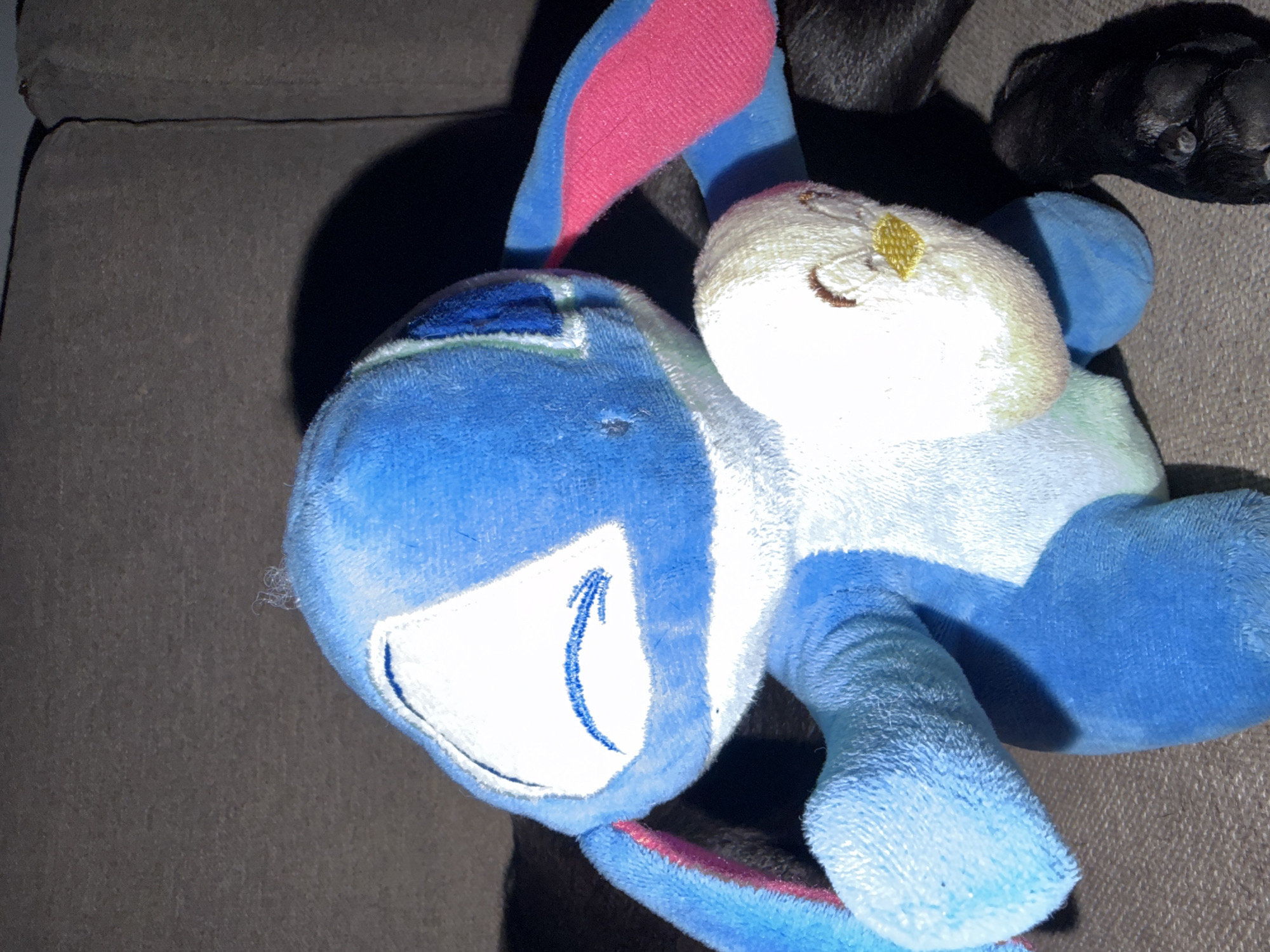 The media file shows a close-up, top-down view of a plush toy, likely a character from a children's show or video game, lying on a dark, textured surface, possibly a couch or carpet. The toy is predominantly blue with white and pink accents. It appears to be in a relaxed or lying-down position.
Notable details include the toy's features, such as embroidered eyes, a mouth, and some form of accessory or marking on its head which is white and circular with some yellow stitching and brown embroidery. The plush fabric has a soft, furry texture. The lighting in the scene suggests it is indoors and possibly evening or a dimly lit room, with shadows cast on the toy and the surface it rests on.
There are also hints of dark, furry paws belonging to an animal, likely a pet dog, partially visible in the upper right corner of the image, suggesting the toy is either being played with by a pet or is in close proximity to one. The overall mood is casual and domestic. No visible text is present in the image. The location context of Sirius, Russia, does not offer any specific visual cues within the image itself.