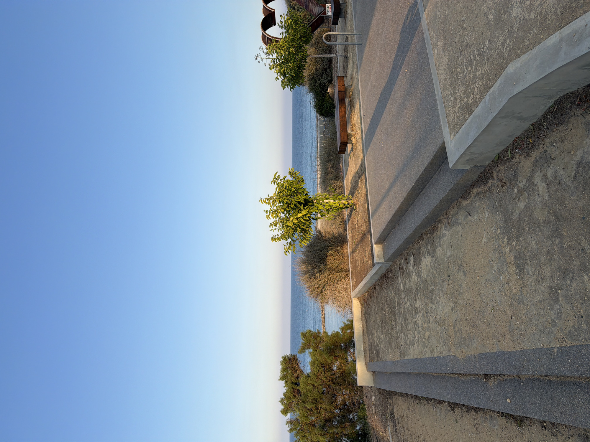 A serene view of the Mediterranean Sea from an elevated vantage point in Meneou, Cyprus. The foreground features a paved walkway with concrete borders and some sandy areas, possibly part of a park or promenade. A wooden bench is visible, facing the sea. Two young trees with green foliage are planted on either side of the pathway, with a larger, denser green shrub to the left and a dried-out bush to the right. In the mid-ground, the tranquil blue sea stretches to the horizon under a clear, pale blue sky. A breakwater or pier extends into the water. To the far right, a large, heart-shaped sculpture made of wood is partially visible, with a small sign that reads "PERVOLIA LOVERS". The overall scene suggests a peaceful, outdoor public space designed for relaxation and enjoyment of the coastal scenery.