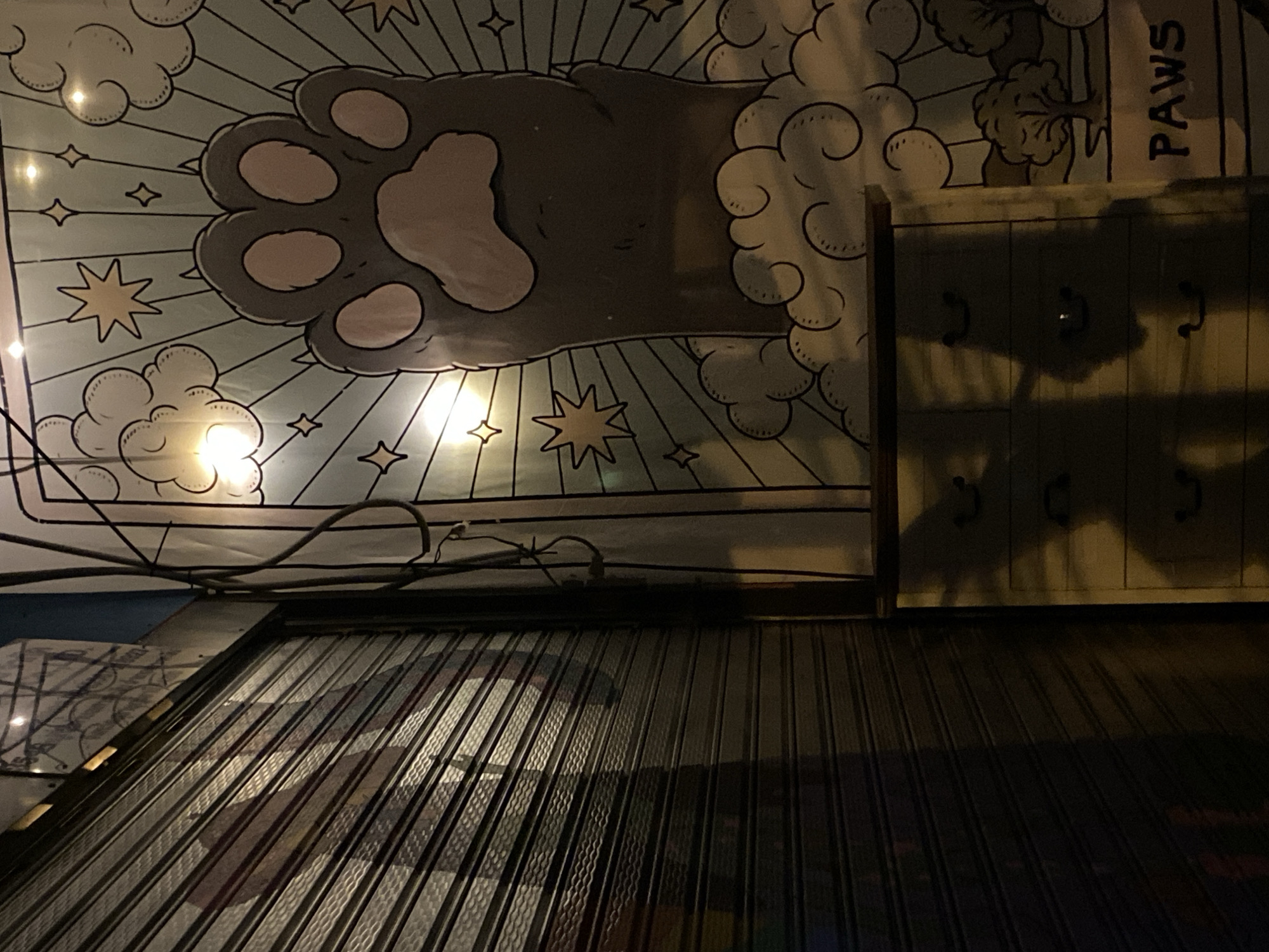 The image depicts a shopfront in Baan Nai Suan, Thailand at night. The shop is closed, with a rolled-down metal shutter covering the entrance. Above the shutter, a sign with a cartoonish paw print and the word "PAWS" is visible. A wooden coat rack is mounted to the wall. Shadows are cast on the wall, presumably from streetlights or other nearby light sources. Electrical wires are running across the ceiling.