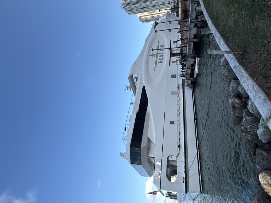 A large, white, multi-deck motor yacht, identified by the name "SEAFAIR" and a crown emblem on its hull, is moored port-side to a wooden pier. The location is a waterfront area in Miami, United States, evidenced by several high-rise buildings visible in the background to the vessel's starboard bow. An American flag is displayed on the yacht's stern. The foreground consists of dark green water, a rock-lined seawall, and a narrow strip of grass adjacent to a concrete curb. Multiple black mooring lines secure the yacht to the pier. The sky is clear blue with minimal, scattered white clouds. A small white flotation device is visible partially submerged next to the pier. No individuals or specific activities are discernible.