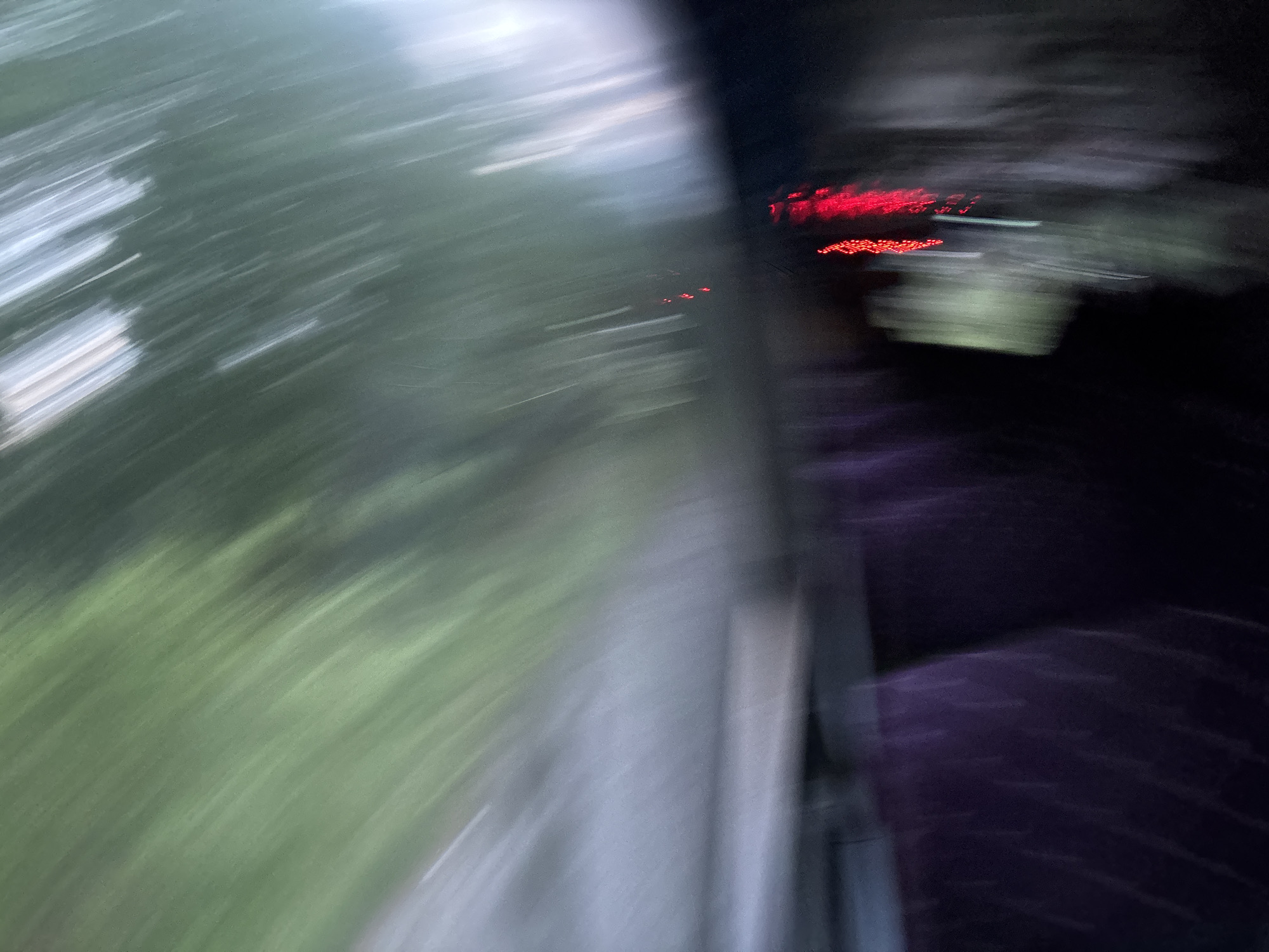 This is a motion-blurred image taken from inside a moving vehicle at night. The foreground is dominated by streaks of green, indicating trees or foliage passing by. A vertical, gray-toned streak suggests a road or a barrier. To the right, there are blurred red lights, characteristic of taillights of another vehicle. Further to the right, the image transitions to dark tones with indistinct purple and black areas. The overall impression is one of rapid movement through an urban or semi-urban environment after dark.