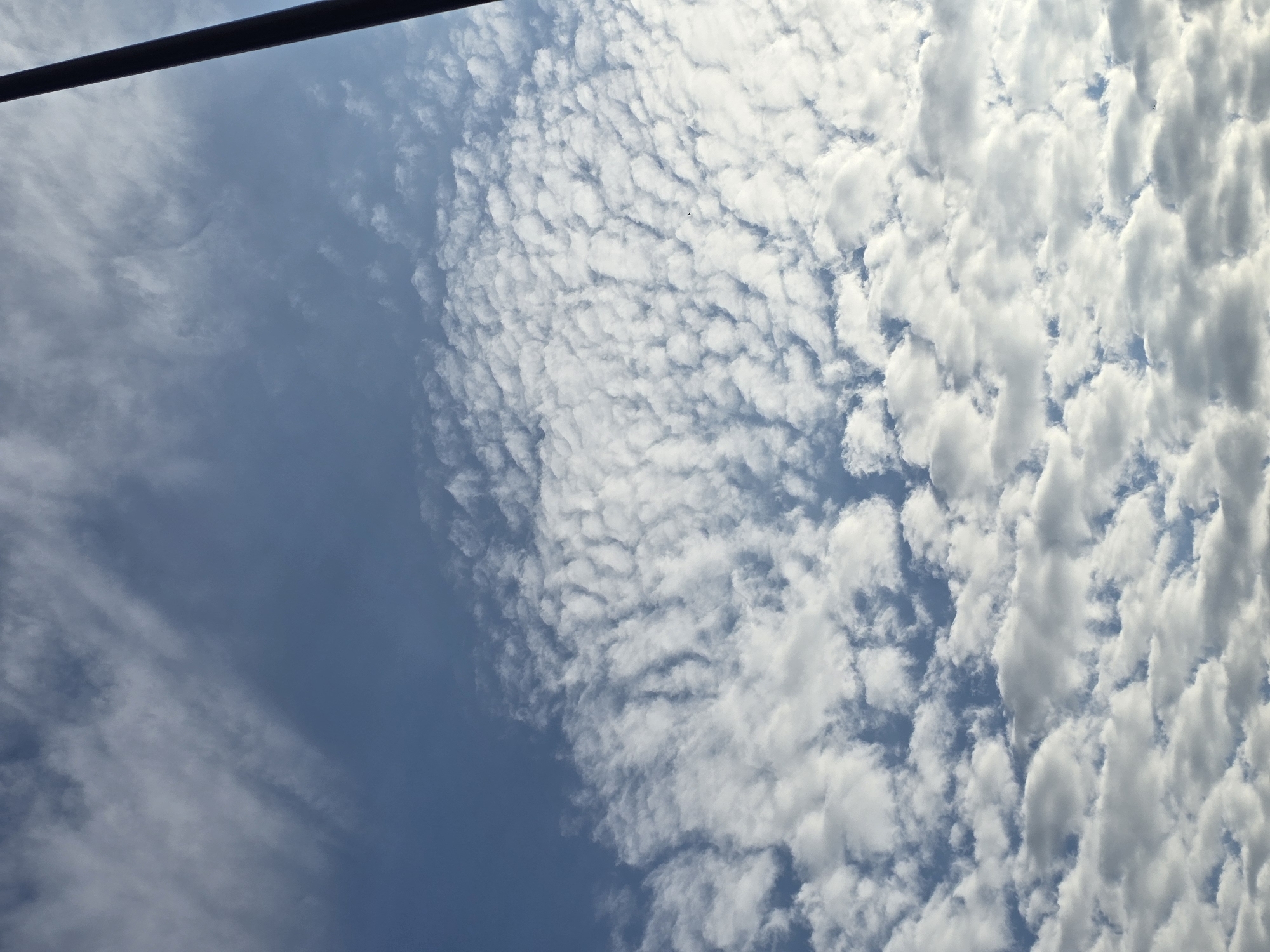 The image is a high-angle shot of a blue sky filled with white, cumulus clouds that are arranged in a rippled pattern across the frame. The clouds are textured and appear to be at various altitudes. In the upper right corner, a dark, vertical pole, possibly a lamppost or antenna, intrudes into the frame, casting a slight shadow. The image is devoid of any people, buildings, or specific landmarks, making it impossible to pinpoint a precise location within Vilnius, Lithuania. The overall scene conveys a sense of an open sky on a partly cloudy day.
