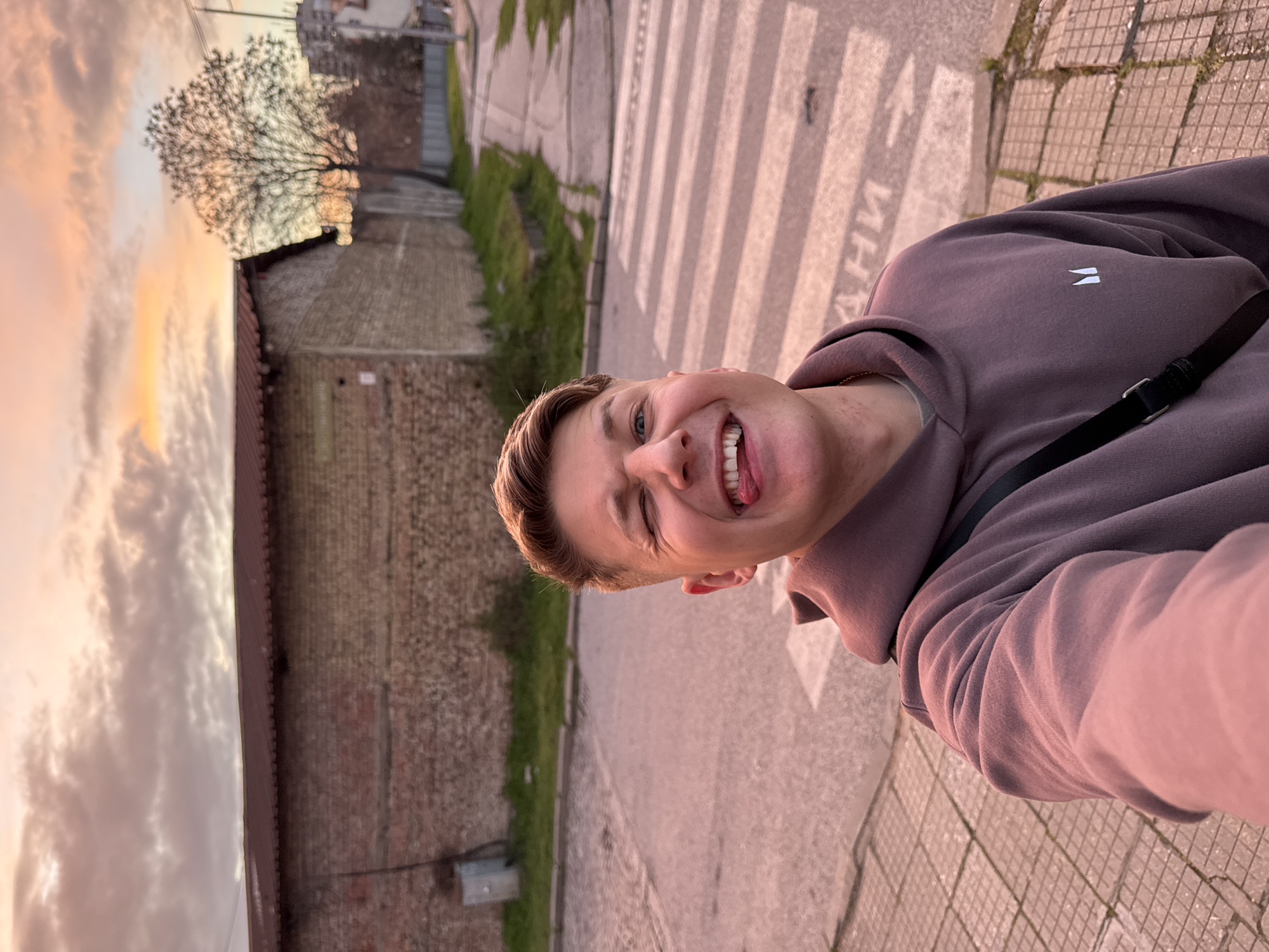 The image is a selfie of a young, fair-skinned person with short, light brown hair. They are wearing a brown hooded sweatshirt with a small white emblem on the chest and a black strap across their body. Their tongue is sticking out, and one eye is squinted in a playful wink.
The background includes a street in Plovdiv, Bulgaria, marked with a crosswalk. A brick building runs parallel to the street, and a tree with bare branches stands nearby. The sky suggests either a sunrise or sunset with light orange and gray clouds. The image is rotated counter-clockwise.