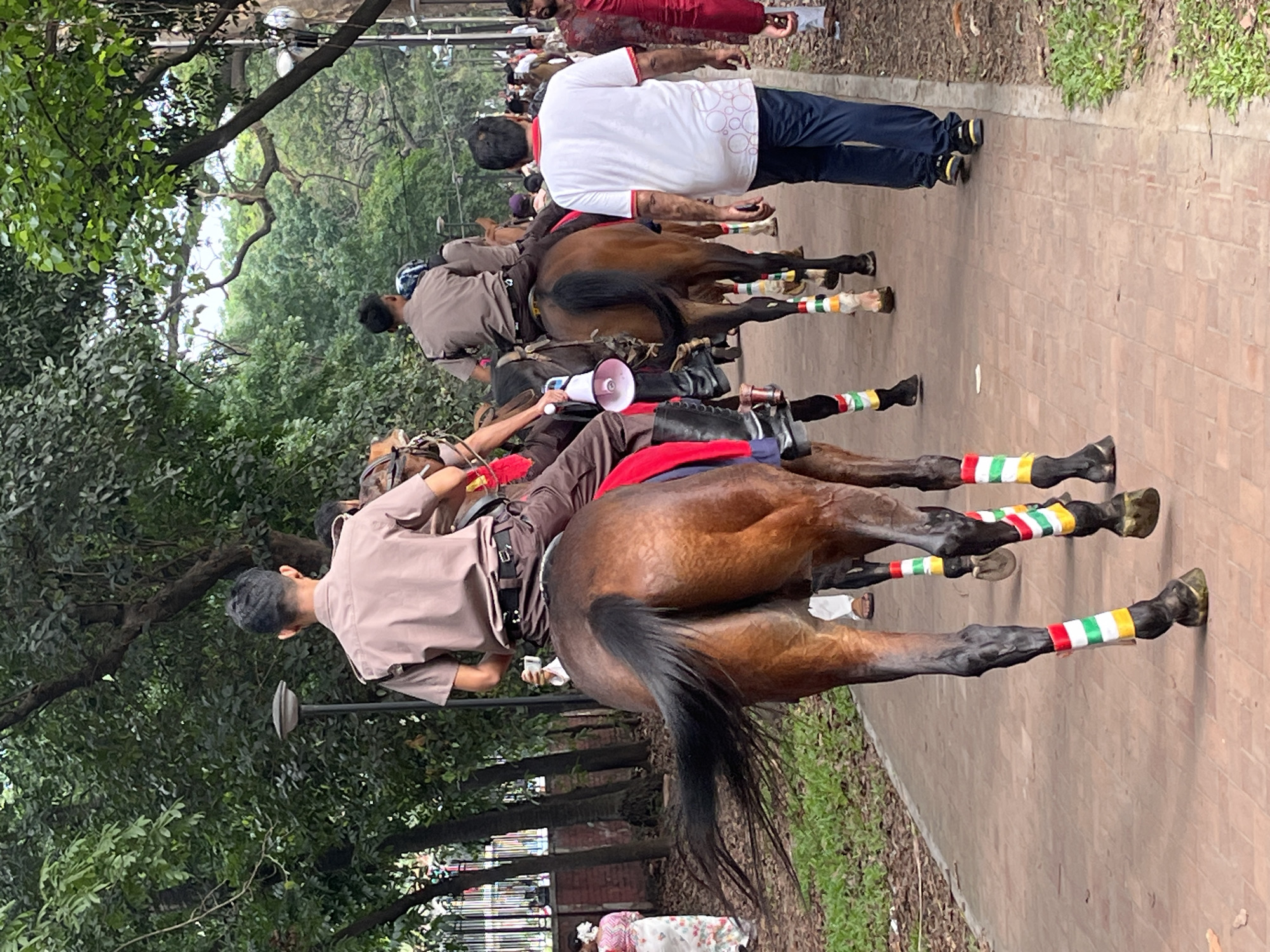 A row of mounted police on horseback parades along a brick-paved path bordered by green foliage and mature trees, potentially in Dhaka, Bangladesh. The horses are brown and wear colorful wraps on their lower legs, featuring stripes of red, white, green, and yellow. The officers wear khaki uniforms and helmets. One officer holds a megaphone. Pedestrians observe the procession from both sides of the path. The scene is outdoors in daylight, suggesting a public event or parade.