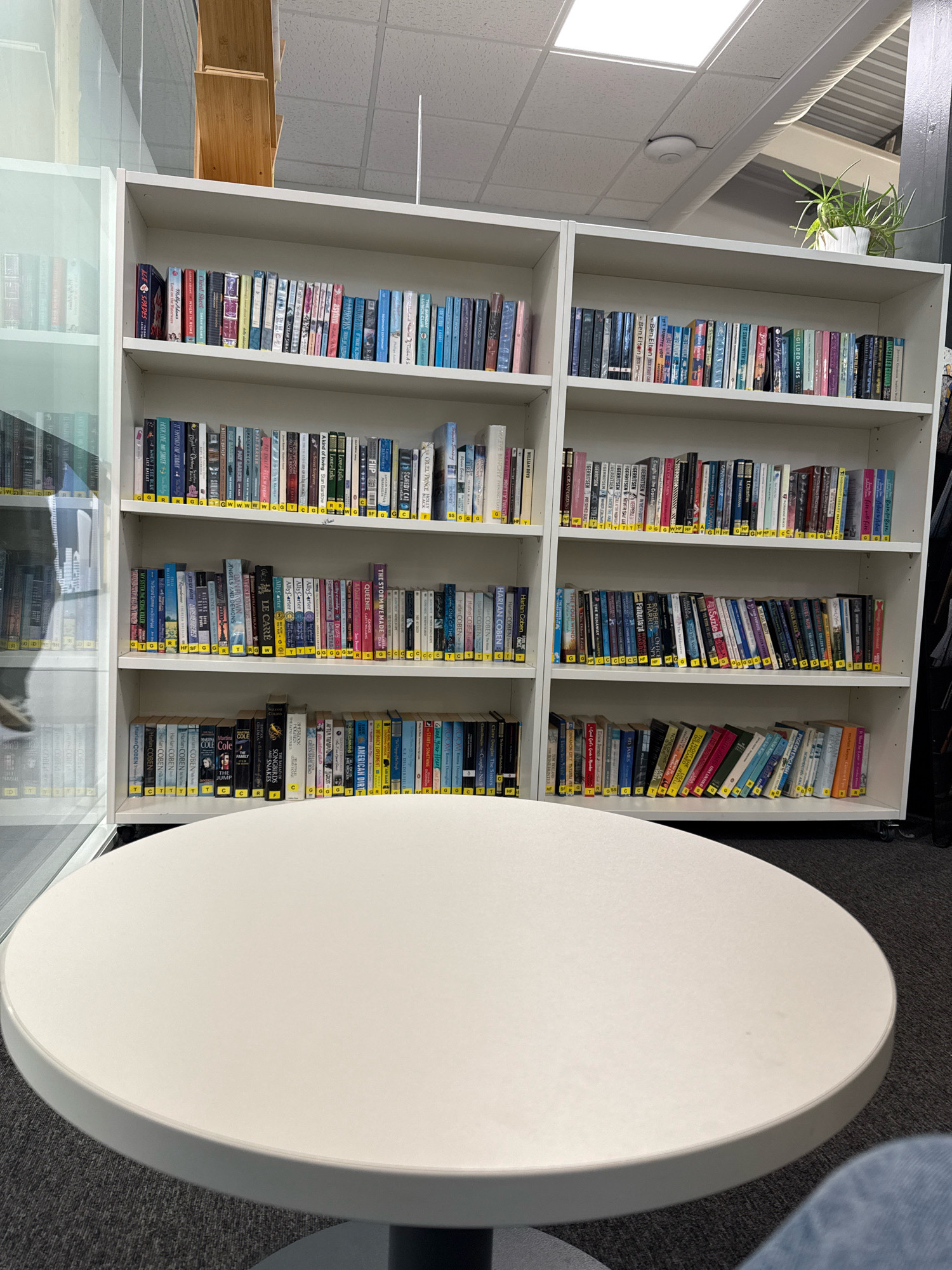 A slightly elevated, medium-shot, eye-level, static, indoor photograph captures a white circular table in the foreground, with its right side extending out of frame. Behind the table, a floor-to-ceiling white bookcase is filled with an assortment of books arranged spine-out. The bookcase has three visible shelves, each populated with a diverse collection of novels. Some books have yellow or orange labels on their spines. To the left of the bookcase, a tall, narrow white shelving unit is partially visible, also containing books. The ceiling above features a grid of fluorescent light panels and some exposed conduits and piping. A small potted plant sits on top of the bookcase. The environment suggests an indoor public space, possibly a library or a community center, in Castle Point, United Kingdom.