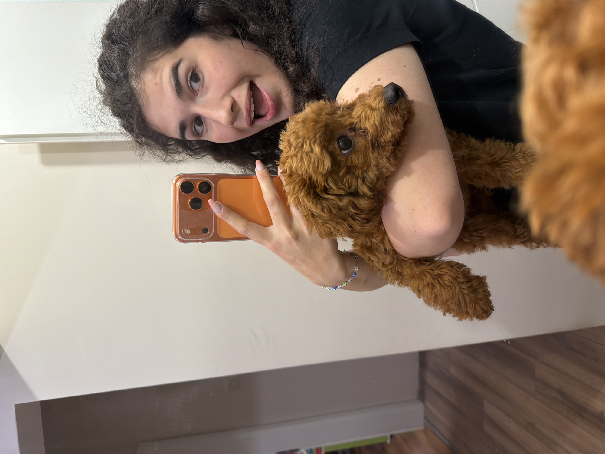 A young woman with curly dark hair is taking a selfie in a mirror. She is holding a small, fluffy, reddish-brown poodle puppy in her arms. The woman is wearing a black t-shirt and a bracelet with colorful beads on her left wrist. She is looking at the camera with an excited expression and her mouth is open. The puppy is looking down and to the right. The background appears to be an indoor setting, possibly a home, with a light-colored wall and a wooden floor visible. A sliver of what appears to be a doorway is visible to the left of the woman. The image is taken from a slightly low angle.