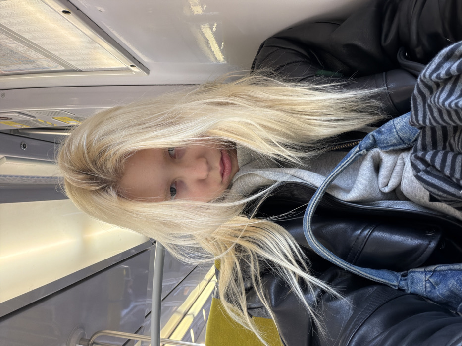 The image displays a single individual, appearing as a young female, seated within what is identifiable as a public transport carriage. The individual has long, straight, platinum blonde hair that falls over her shoulders, fair skin, and light-colored eyes, directed towards the camera with a neutral expression. She is dressed in a grey hooded sweatshirt, over which a black leather-style jacket is worn. A denim shoulder bag is present on her lap, partially covering a black and grey striped fabric object.
The interior environment of the vehicle features a yellow-green upholstered seat to the left of the individual. Overhead, linear fluorescent lighting fixtures illuminate the space. The walls and ceiling are composed of light grey or white panels. A horizontal metal grab bar runs above the seating area. On the wall to the individual's right, a white panel displays what appears to be a map or informational poster, secured by two visible fasteners. The design and elements of the carriage are consistent with those found in RER or Métro trains operating within the Île-de-France region, which serves the city of Arcueil, France. No specific signage or external landmarks are visible to pinpoint the exact location within Arcueil.