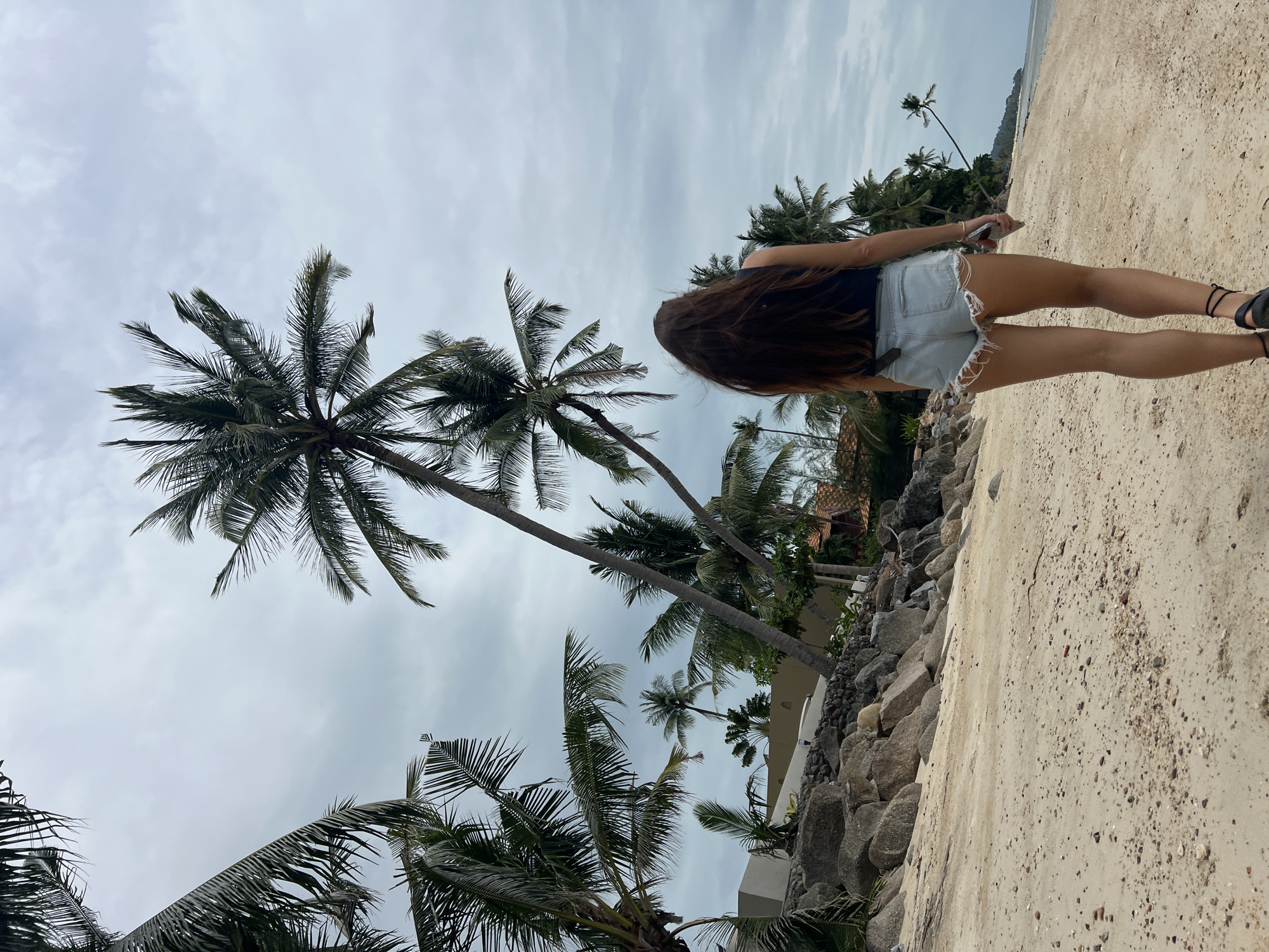The image captures a person walking along a sandy path next to a tropical coastline under an overcast sky. The primary subject is a person viewed from behind, with long, dark brown hair flowing down their back. They are wearing a dark top, light blue denim cut-off shorts, and dark sandals, and appear to be holding a mobile phone in their left hand.
The setting is a beach or a coastal path. To the left of the sandy path, there is a substantial rocky embankment, beyond which lush tropical vegetation, dominated by numerous tall palm trees, is visible. Some buildings, possibly resort structures, are partially obscured by the rocks and trees. The sandy path itself shows scattered small pebbles and debris.
In the mid-ground and background, multiple prominent palm trees with green fronds extend upwards, framing the scene against the sky. The horizon in the distance reveals a body of water, likely the sea, and a distant landmass or coastline. The sky is largely overcast and light grey, suggesting a cloudy day or specific atmospheric conditions, but it is clearly daytime.
The activity taking place is a leisurely walk or stroll along the coast. There is no visible text in the image. The overall scene evokes a calm, tropical atmosphere, consistent with the provided context of Baan Tai, Thailand.