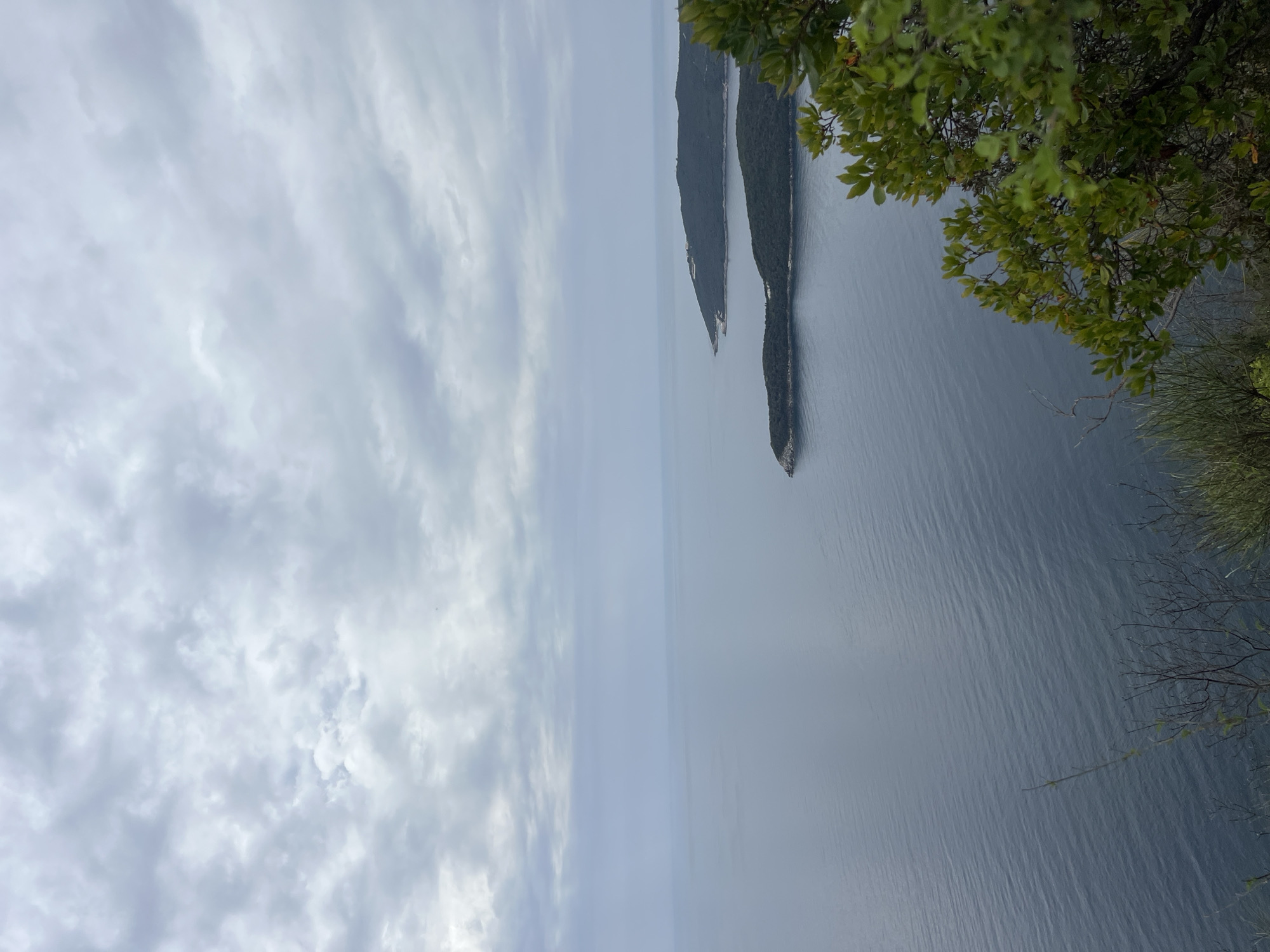 A view of the Adriatic sea, with the Sveti Nikola island and the coastline of Budva, Montenegro, framed by foliage. The scene shows two elongated islands rising from the sea and the cloudy sky.