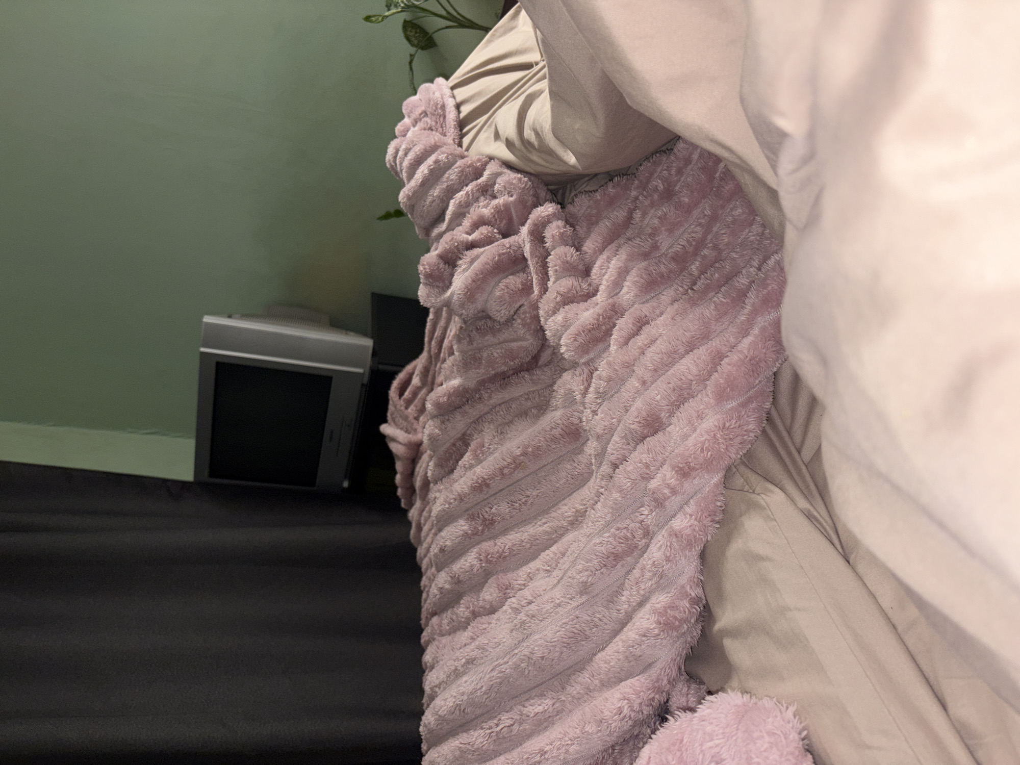 The image depicts a partially made bed in a room with a light green wall. A pink, ridged, fuzzy blanket is draped over the beige-colored sheets and pillows. A black object, possibly a bed frame, is visible in the lower left corner. A small, older model television set or monitor is positioned against the wall. Part of a houseplant is visible behind the bed. The location is Unknown, Russia.