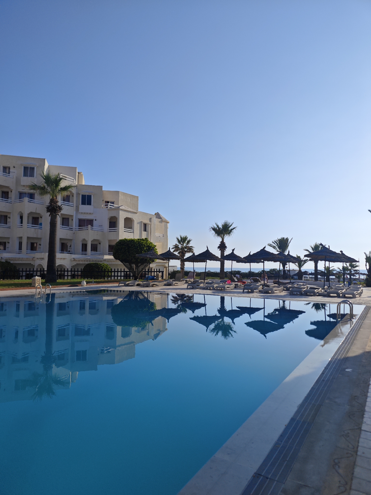 In Hiboun, Tunisia, a tranquil scene unfolds beside a swimming pool at a resort. The clear blue sky stretches above a beige, multi-story building with numerous balconies and windows. Palm trees stand tall near the building, and a dense green tree with a rounded canopy is visible. A row of thatched umbrellas shades lounge chairs lined up on the poolside. The calm, blue water of the swimming pool perfectly mirrors the building, palm trees, and umbrellas, creating a symmetrical and serene reflection. The poolside is paved with light-colored tiles, and a metal railing for pool access is present. A black metal fence separates the pool area from a grassy lawn. The environment suggests a peaceful resort atmosphere during daylight hours.