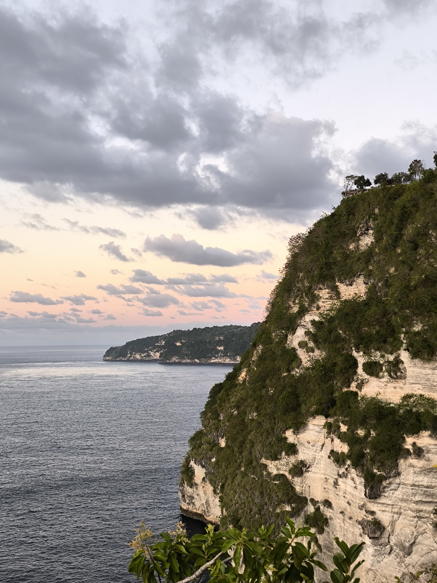 The image captures a coastal scene in Nusa Penida, Indonesia. A large, steep, white cliff covered in green vegetation dominates the right side of the frame. The cliff's texture reveals layers of rock and sporadic plant growth. To the left, the ocean stretches out, with another smaller island visible in the distance. The sky is filled with clouds tinged with pink hues near the horizon, indicating either dawn or dusk. The overall light is soft and muted, suggesting an overcast day.