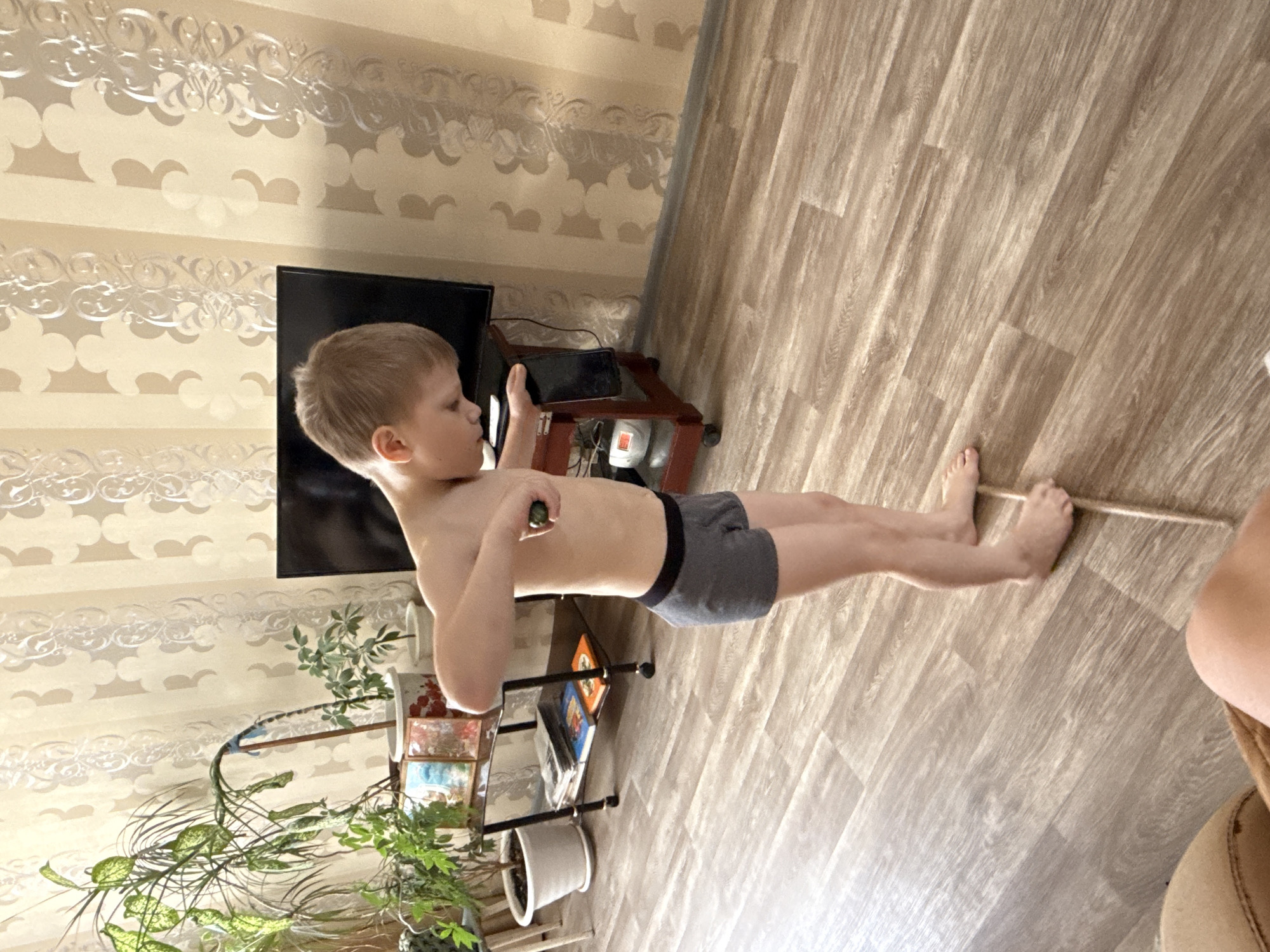 A child stands shirtless, wearing gray shorts, in an indoor setting likely in Sludka, Russia, indicated by the style of the home's interior decor. The background features a wall with patterned wallpaper and a dark-colored television on a stand. Adjacent to the TV is a small wooden table with items on it. A plant in a white pot is also visible. The child appears to be holding a dark object in their hand and looking at a smartphone held in the other hand. The floor is wood-toned. Part of a person's leg is visible in the bottom right corner of the image.