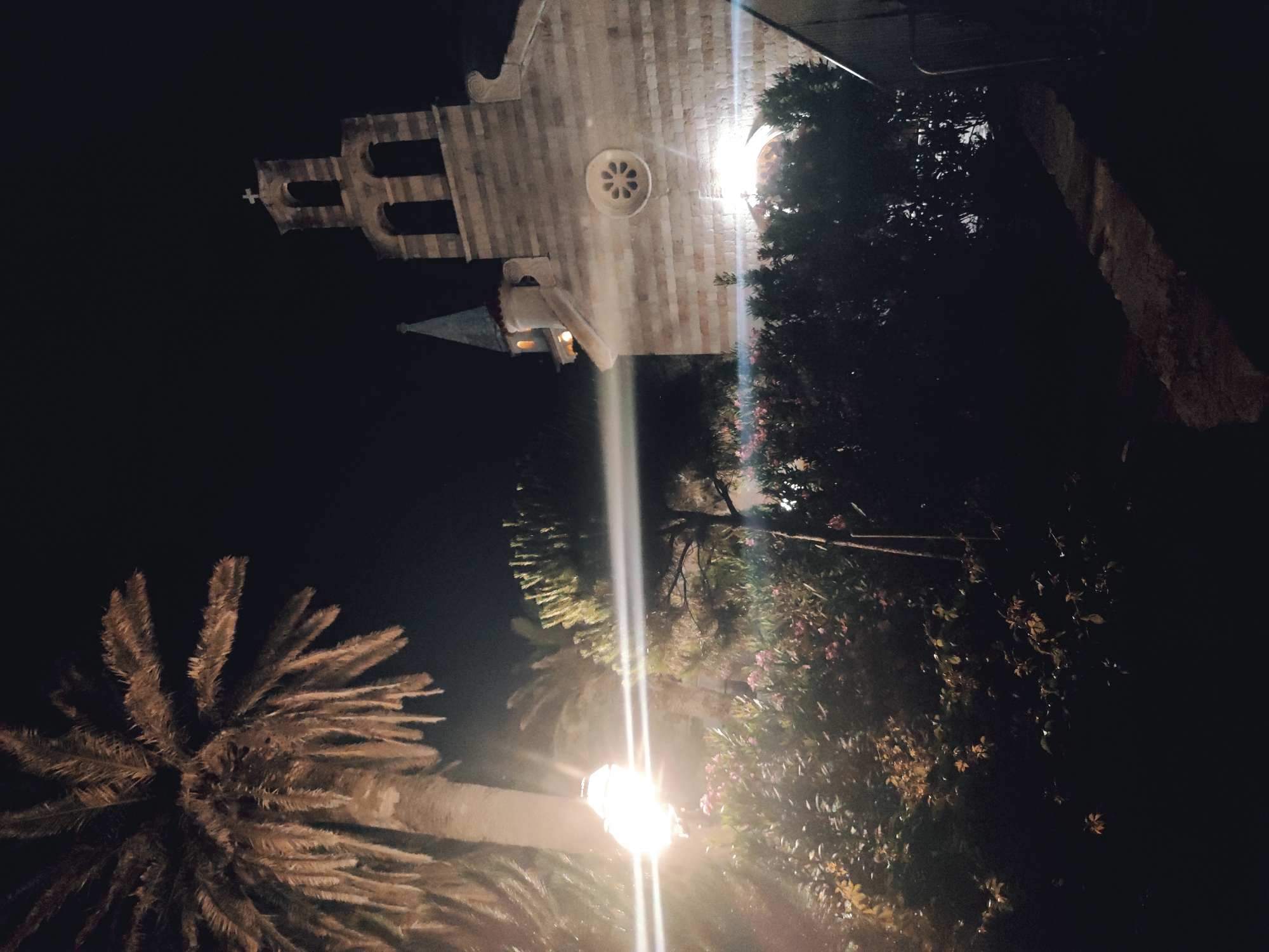 A night scene captures a stone church with a bell tower, topped by a cross, and a pointed steeple. In the foreground, a tall palm tree is visible, with its fronds silhouetted against the dark sky. Lush green foliage and flowering bushes, illuminated by a bright outdoor light fixture, are present in the lower left portion of the image. The lighting creates lens flares that streak across the frame. The ground in the foreground appears to be a dirt path. The scene is set in a dimly lit outdoor environment at night, likely in a Mediterranean climate given the presence of palm trees and the architectural style of the church.