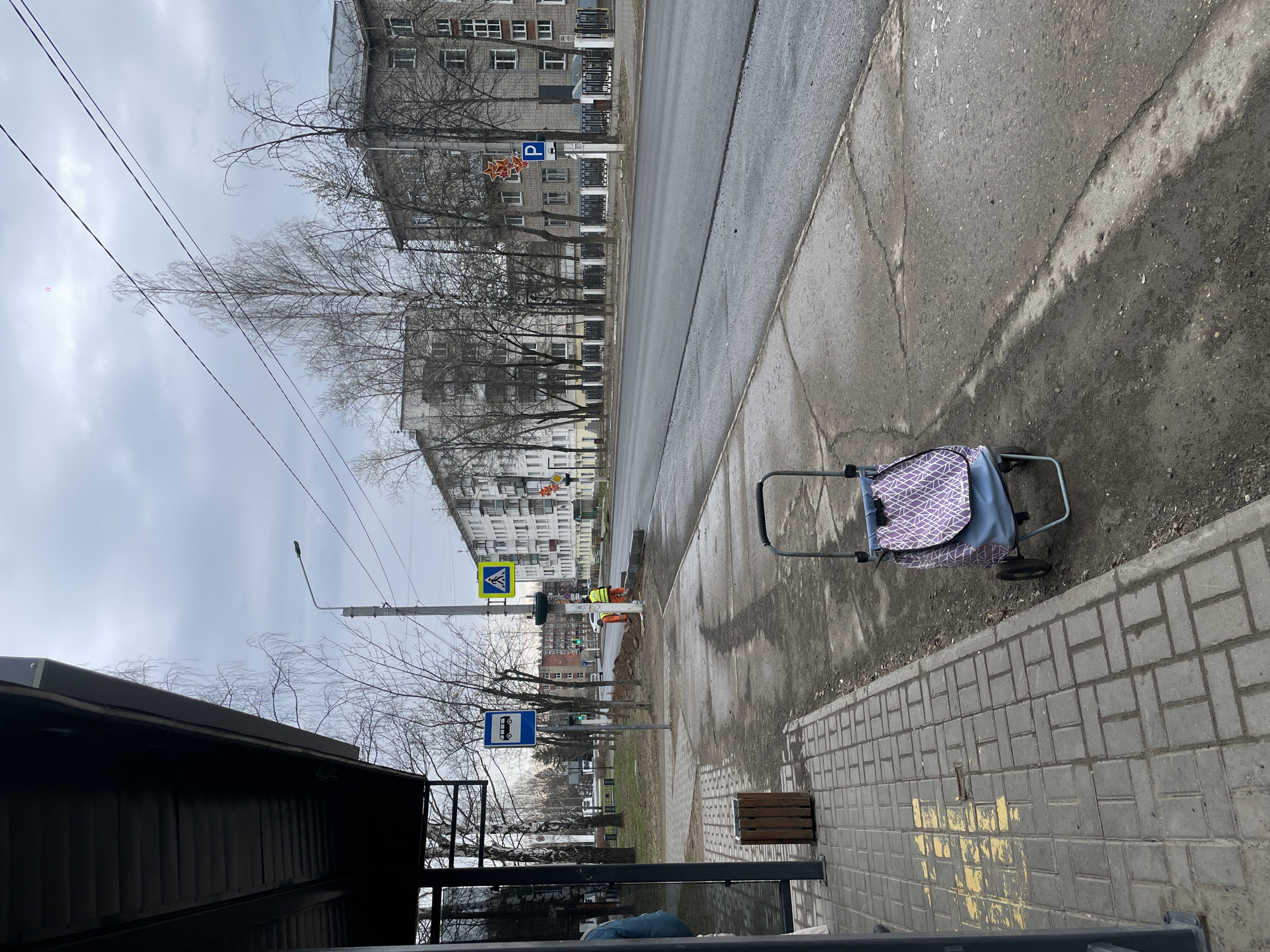 This image depicts a street scene in Chaikovsky, Russia. The photograph appears to be taken from under the edge of a building, looking out onto a sidewalk and street. A purple and white patterned shopping cart is visible on the sidewalk. Further down the street, two workers wearing bright safety vests are working on a construction project on the road. Across the street are multiple apartment buildings typical of urban Russia, with a parking sign visible. Street signs, including a crosswalk sign and a bus stop sign, are visible near the workers. The sky is overcast. Trees without leaves line the street.